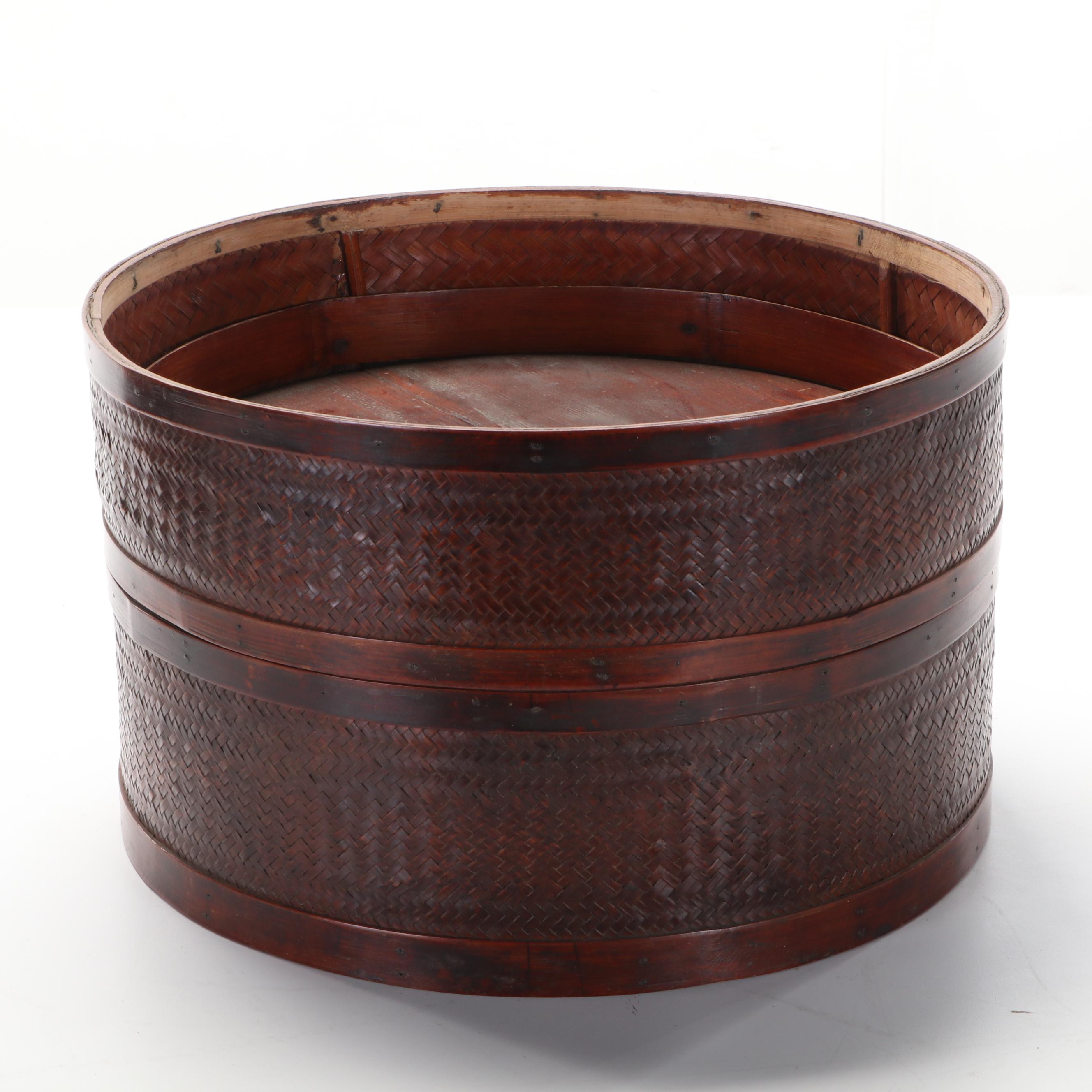 Chinese Woven Bamboo and Wood Hat Storage Box