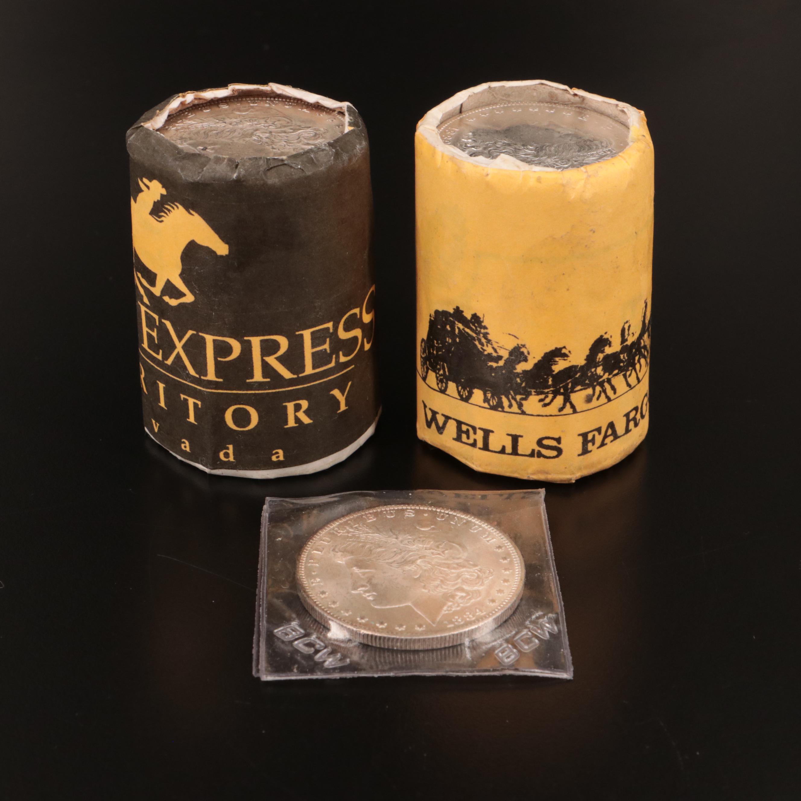 1884-CC Morgan Dollar and Thirty-Nine 1889 Morgan Dollars in Novelty Wrappers