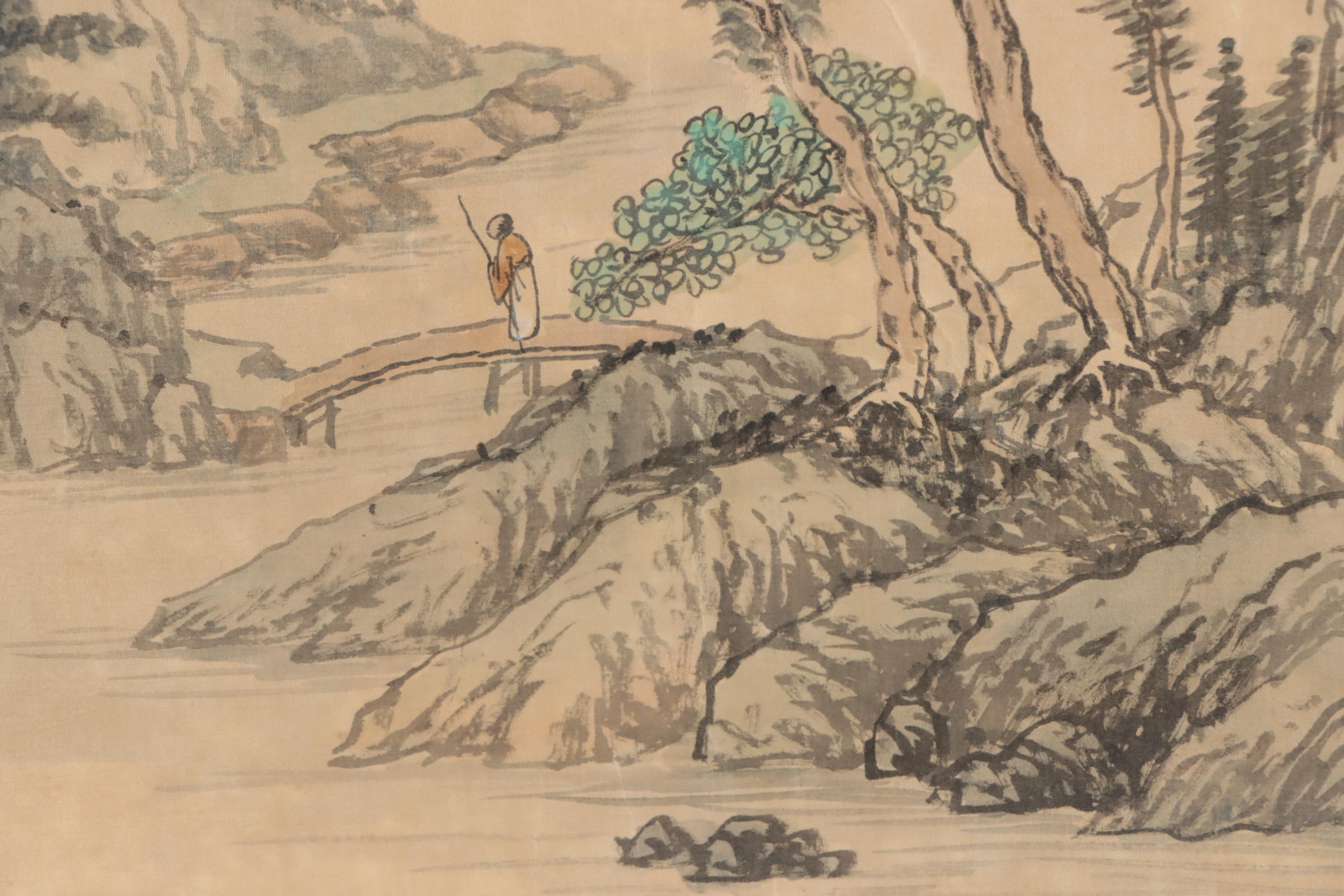 Japanese Landscape Ink and Watercolor Painting