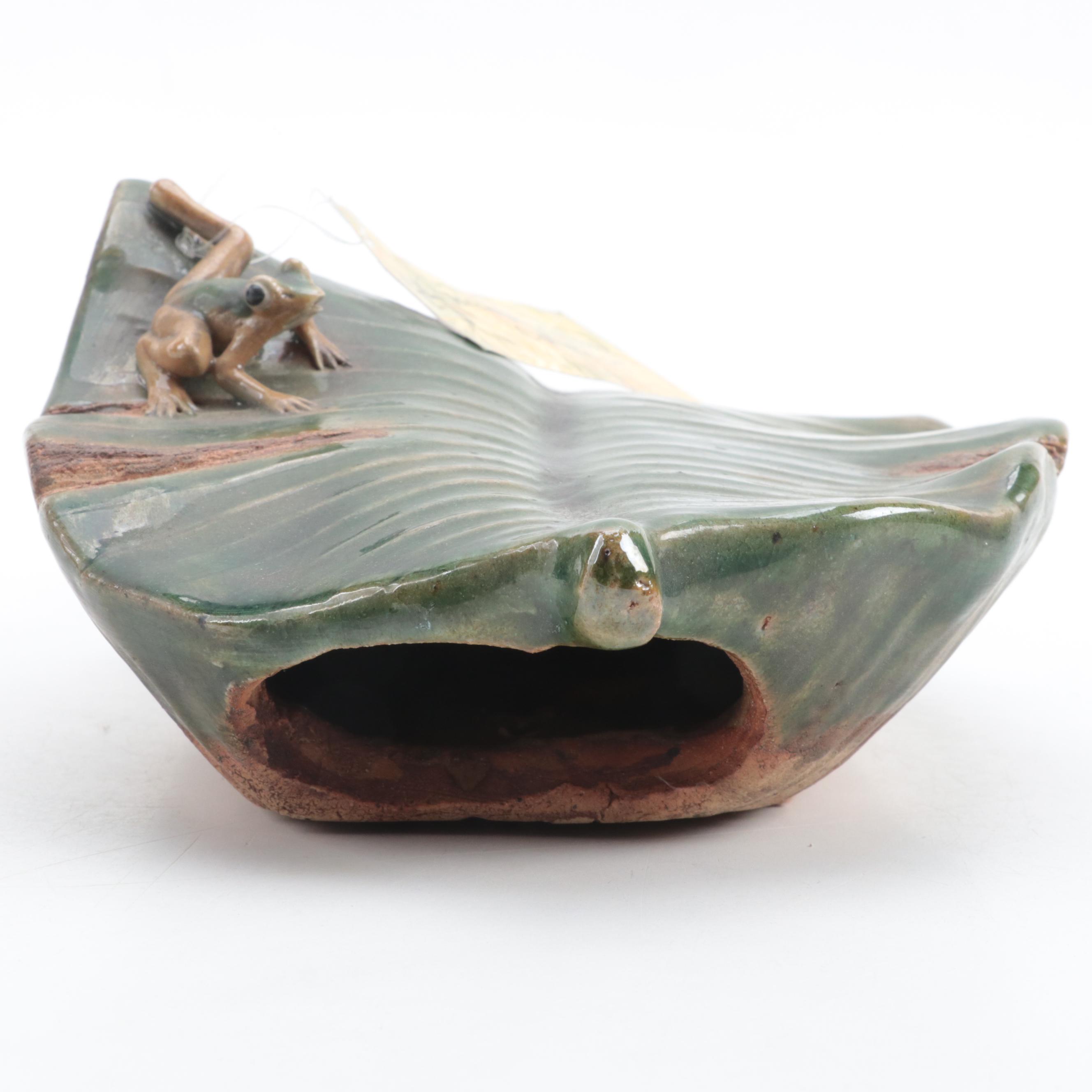 Chinese Shiwan Stoneware Wall Pocket with Banana Leaf and Frog Motif