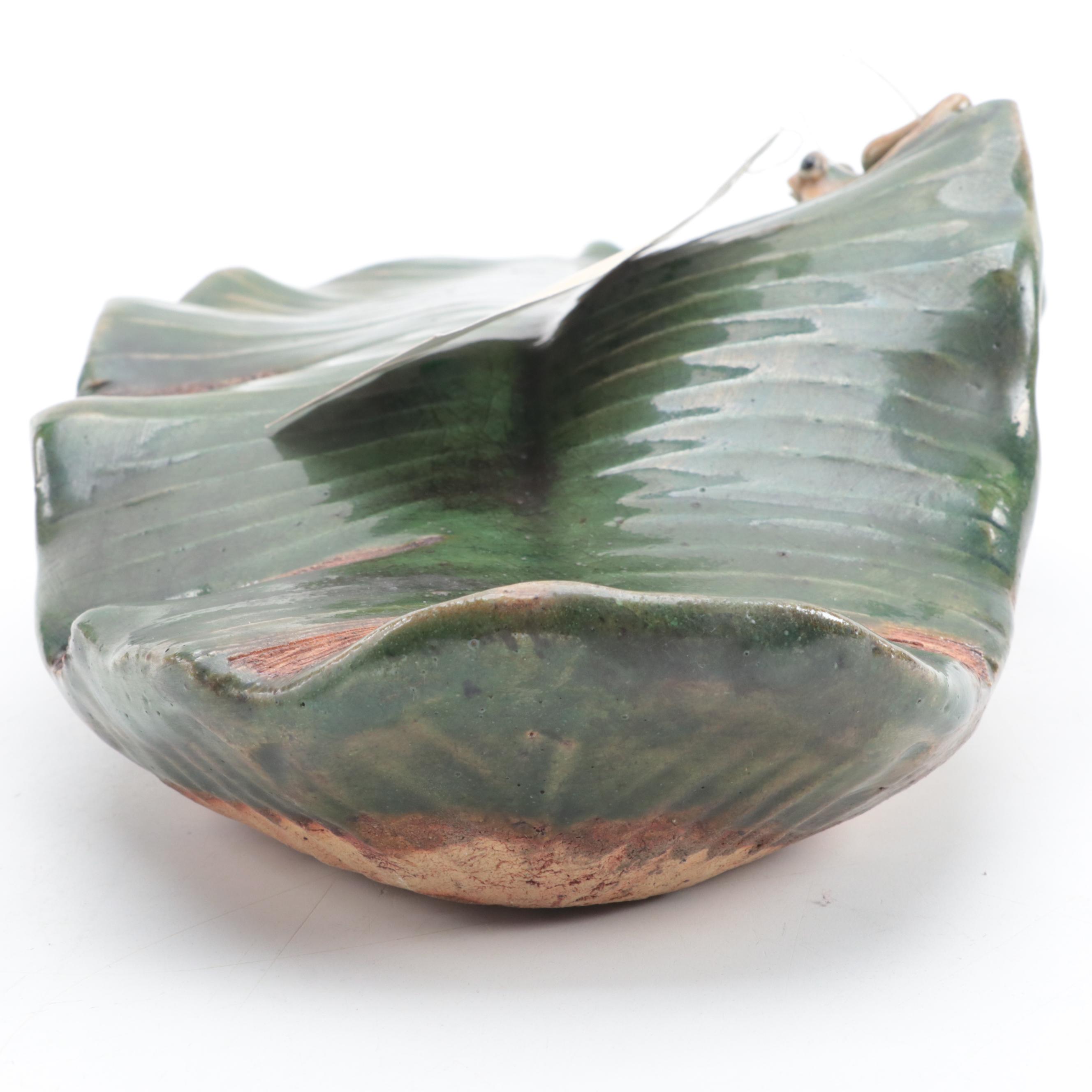 Chinese Shiwan Stoneware Wall Pocket with Banana Leaf and Frog Motif
