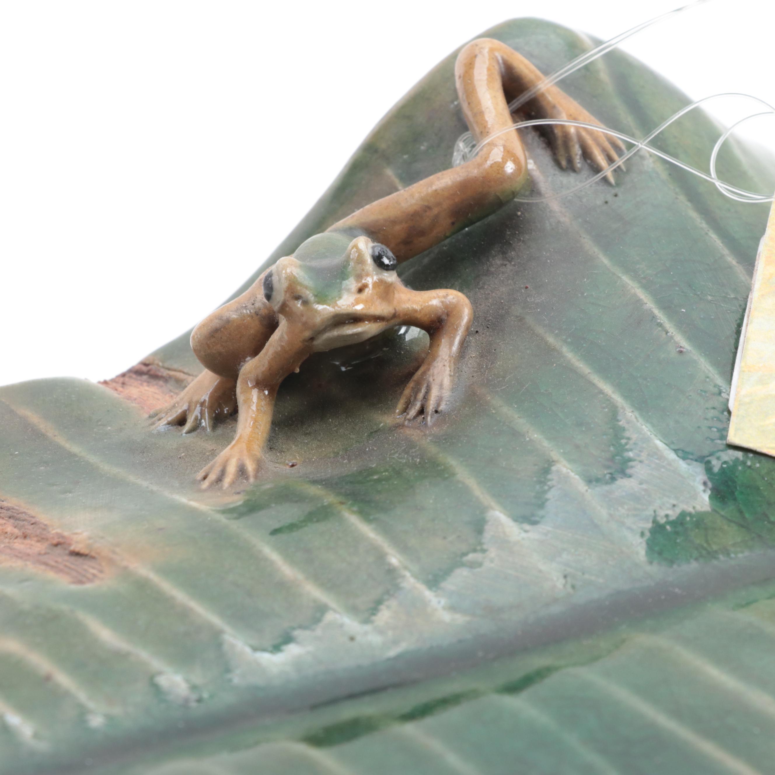 Chinese Shiwan Stoneware Wall Pocket with Banana Leaf and Frog Motif