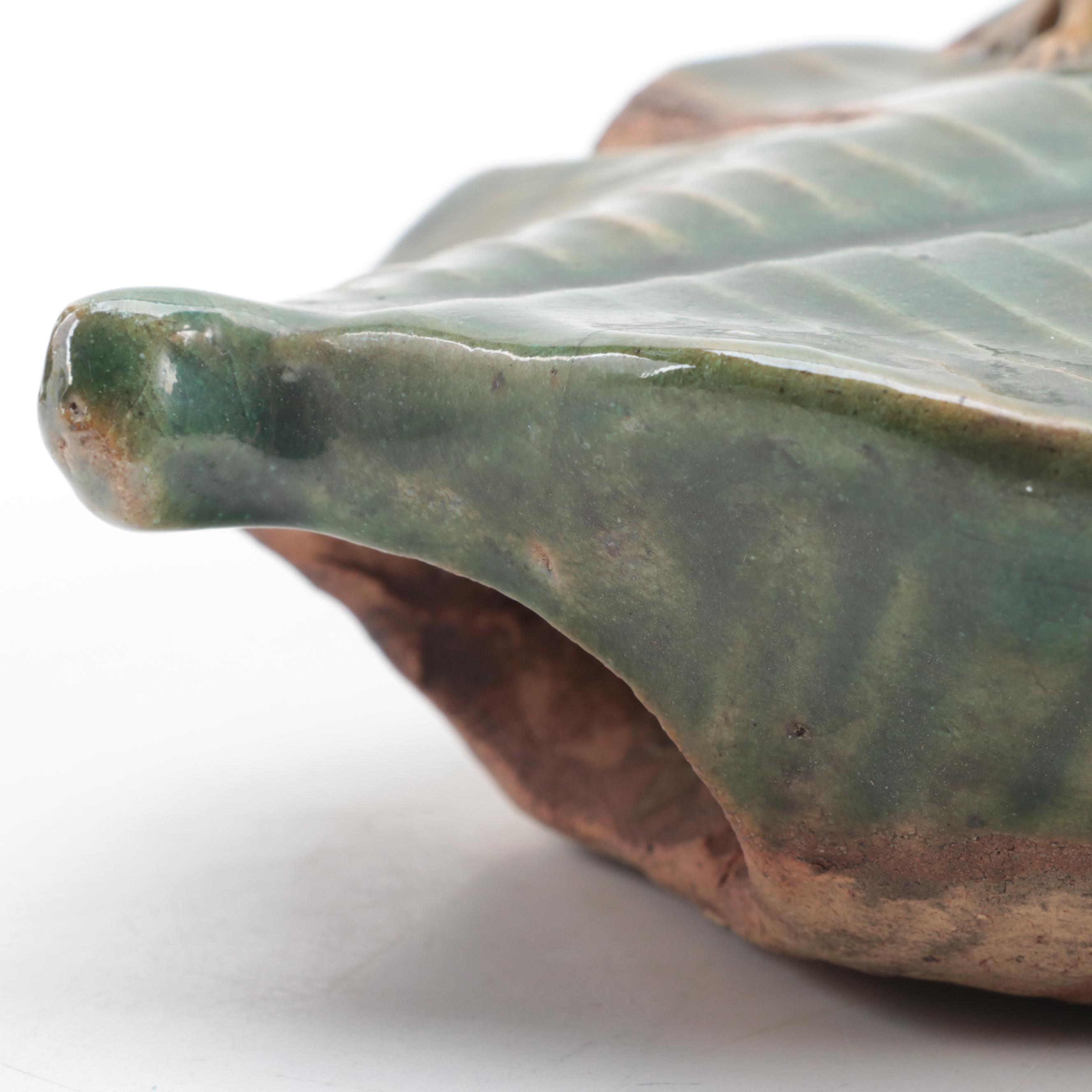Chinese Shiwan Stoneware Wall Pocket with Banana Leaf and Frog Motif