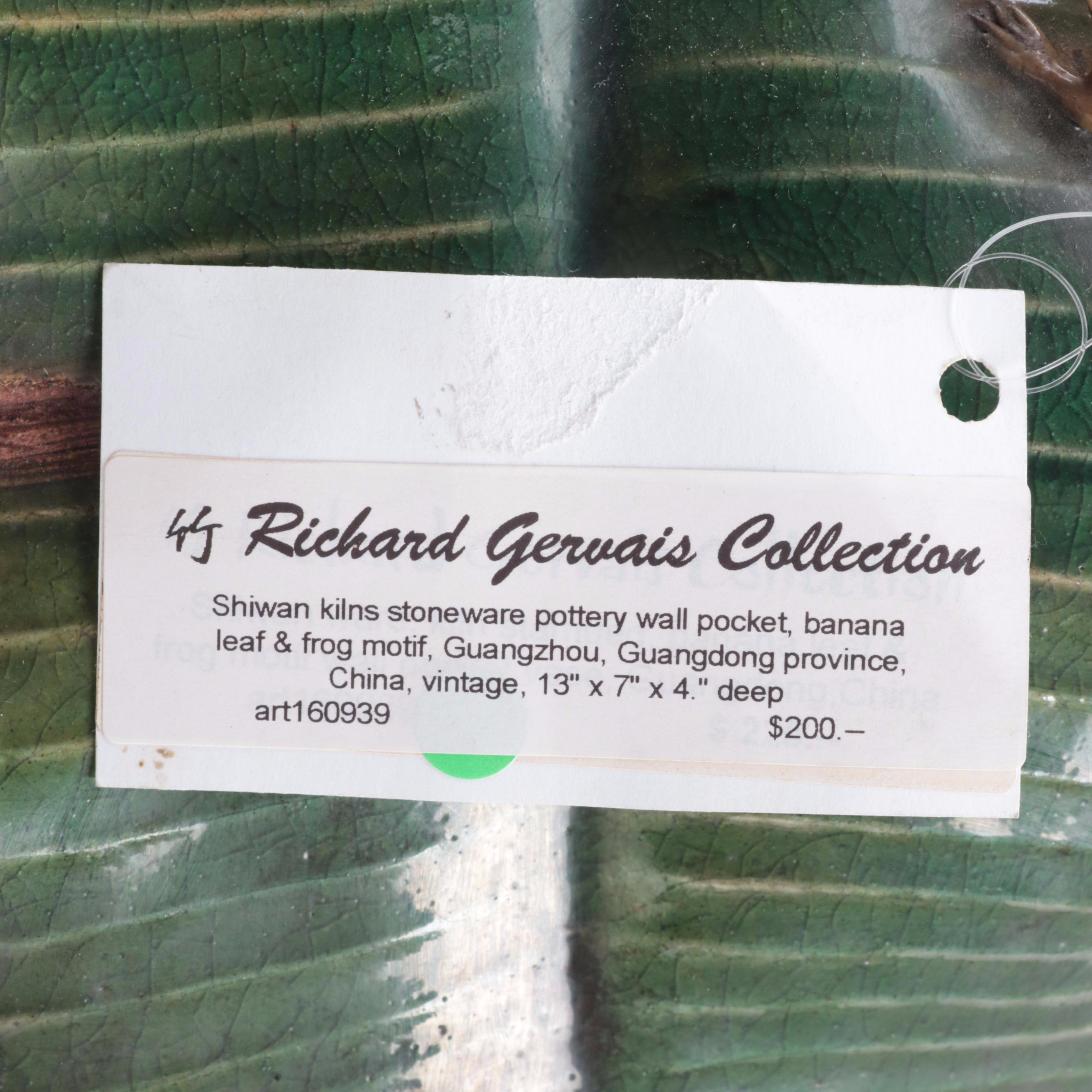 Chinese Shiwan Stoneware Wall Pocket with Banana Leaf and Frog Motif