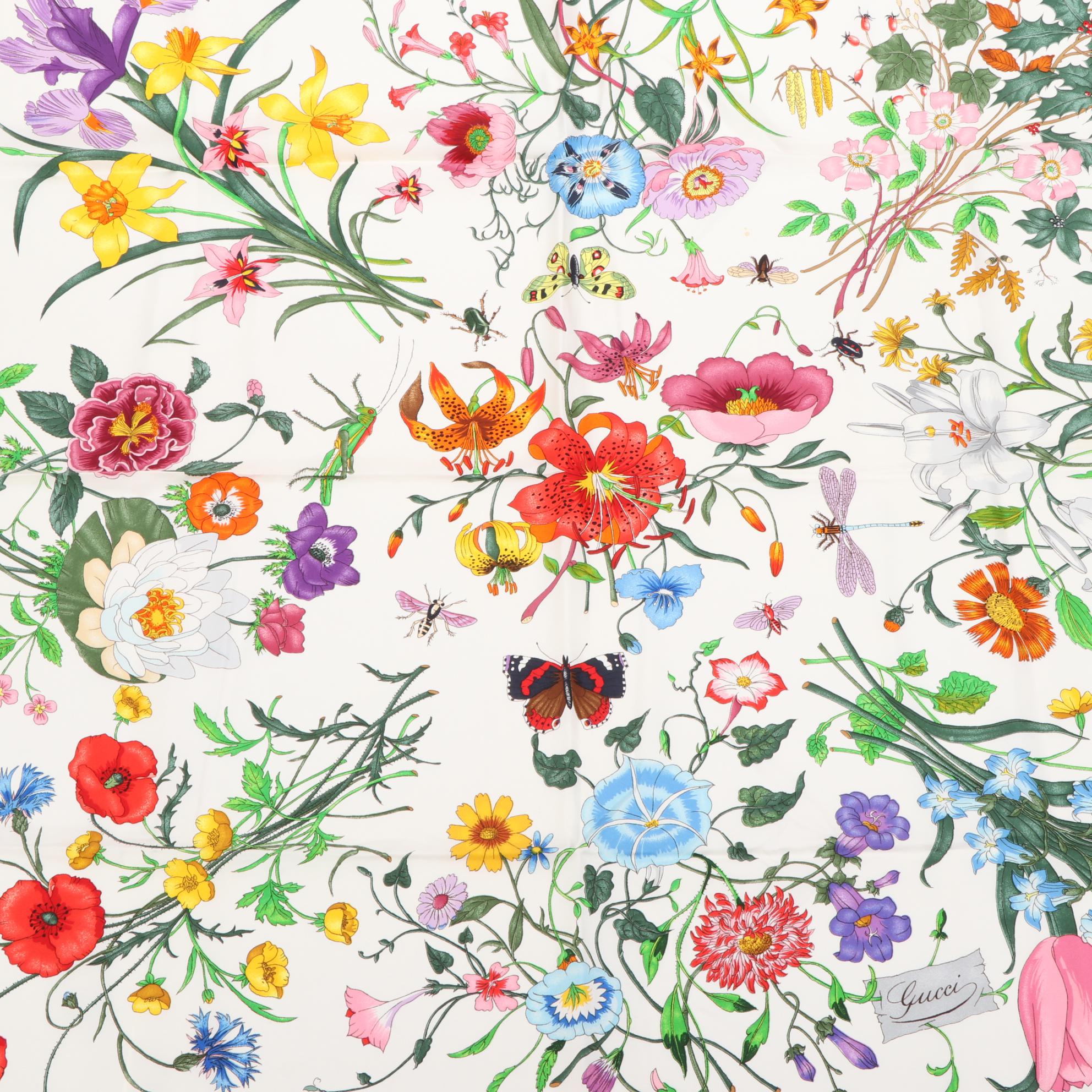 Gucci Flora and Insect Botanical Print Silk Twill Scarf
