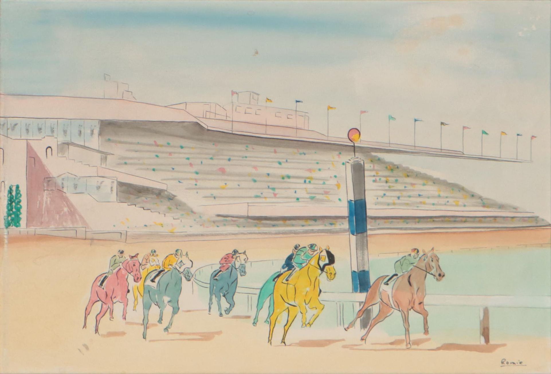 Watercolor Painting of Horse Racing, Mid-20th Century