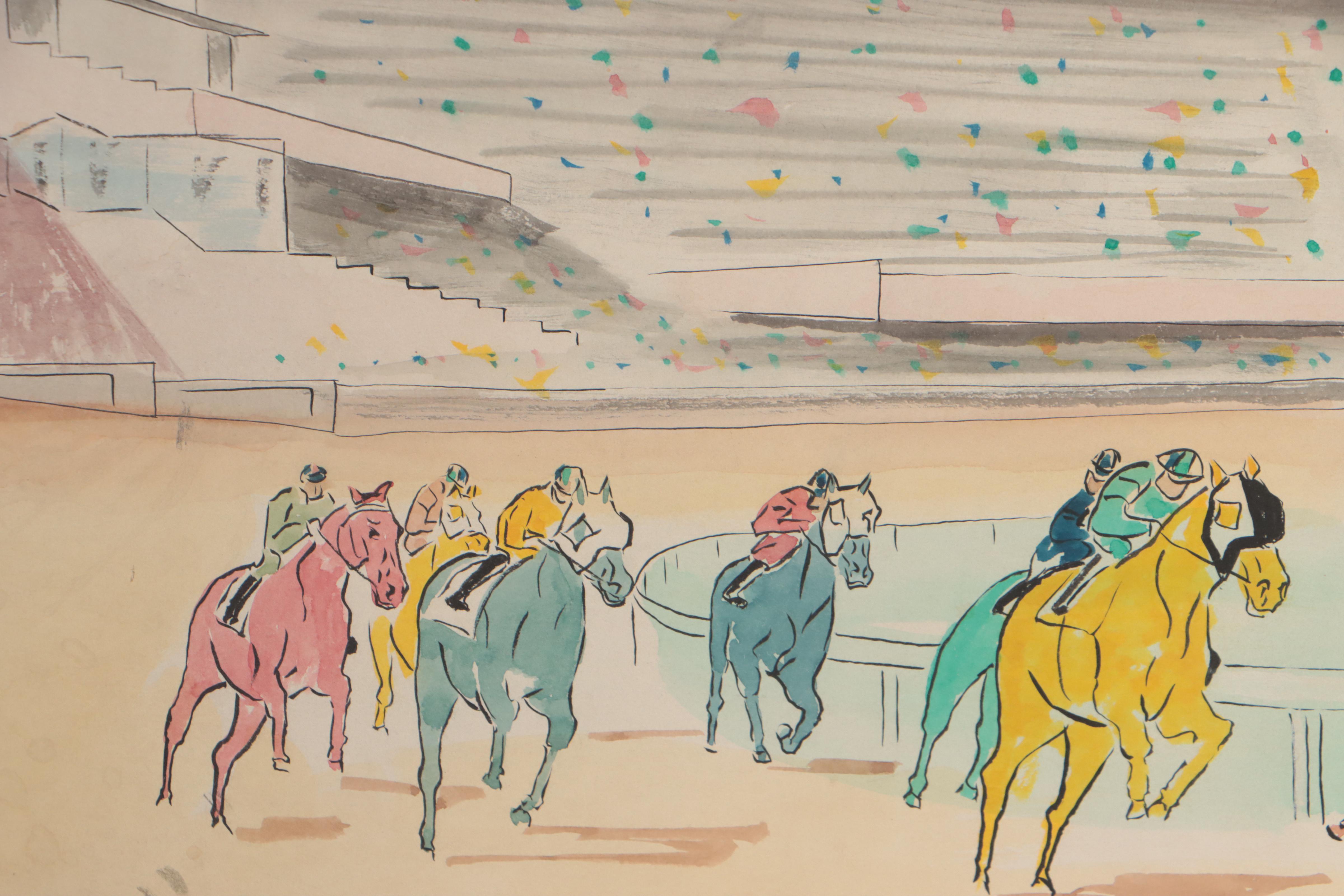 Watercolor Painting of Horse Racing, Mid-20th Century