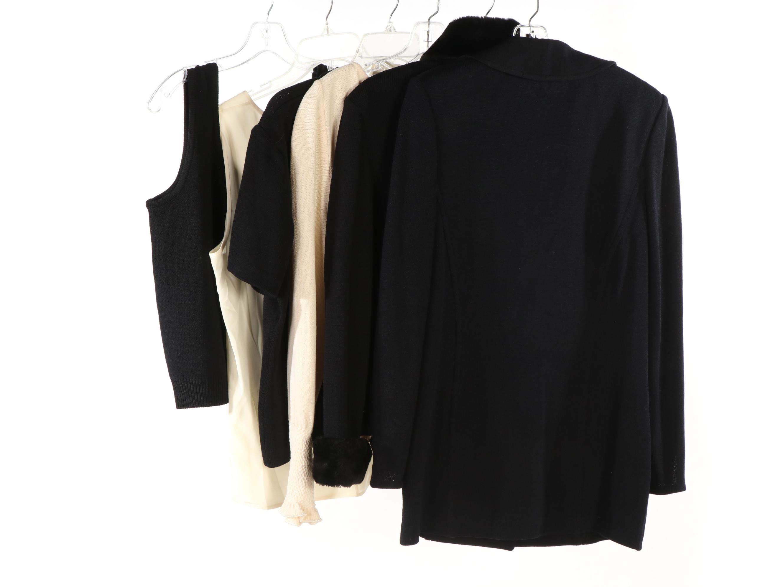 St. John Knits Ruffle Collar Jacket, Faux Fur Trim Jacket, Smocked Top, and More