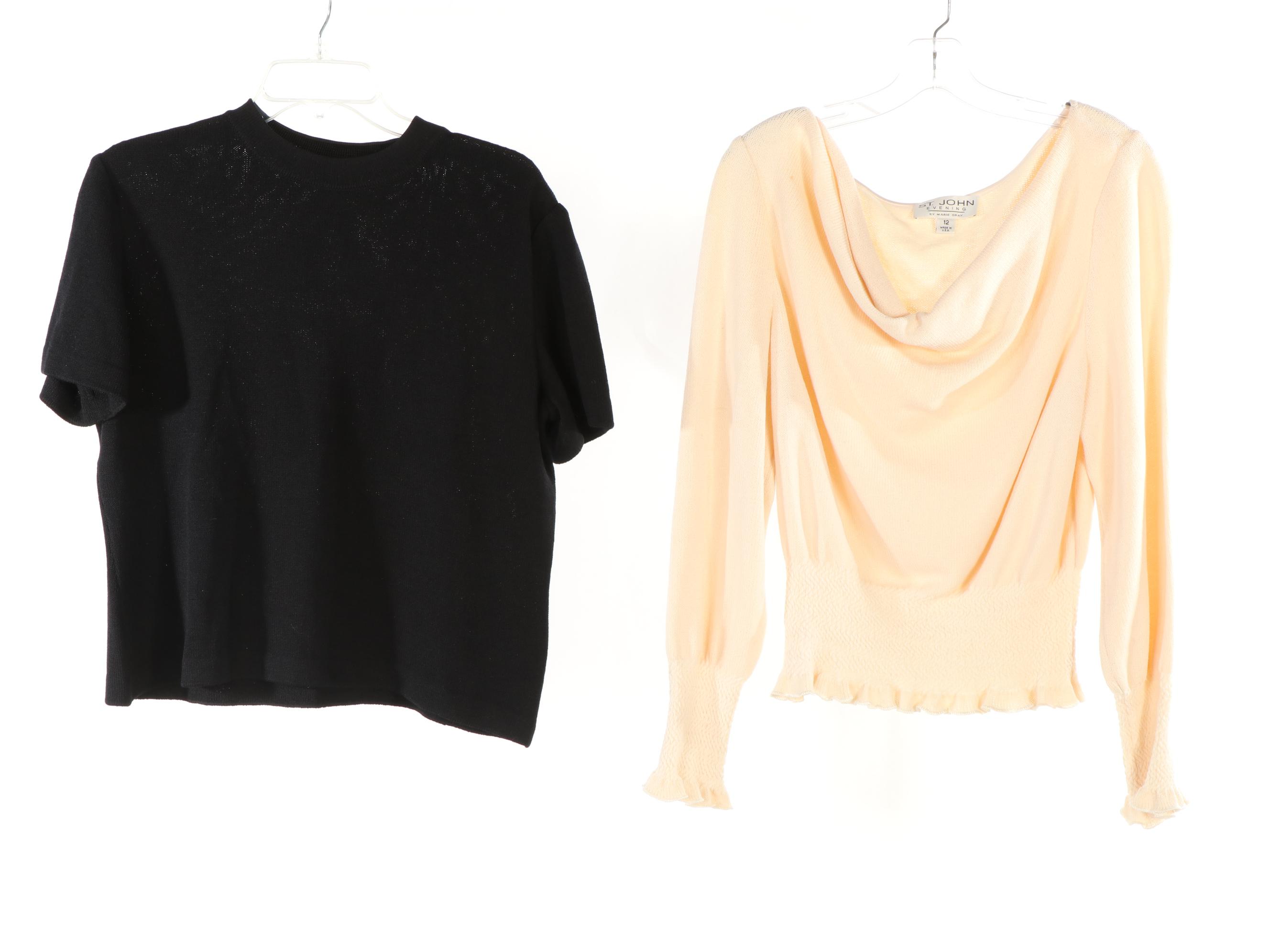 St. John Knits Ruffle Collar Jacket, Faux Fur Trim Jacket, Smocked Top, and More