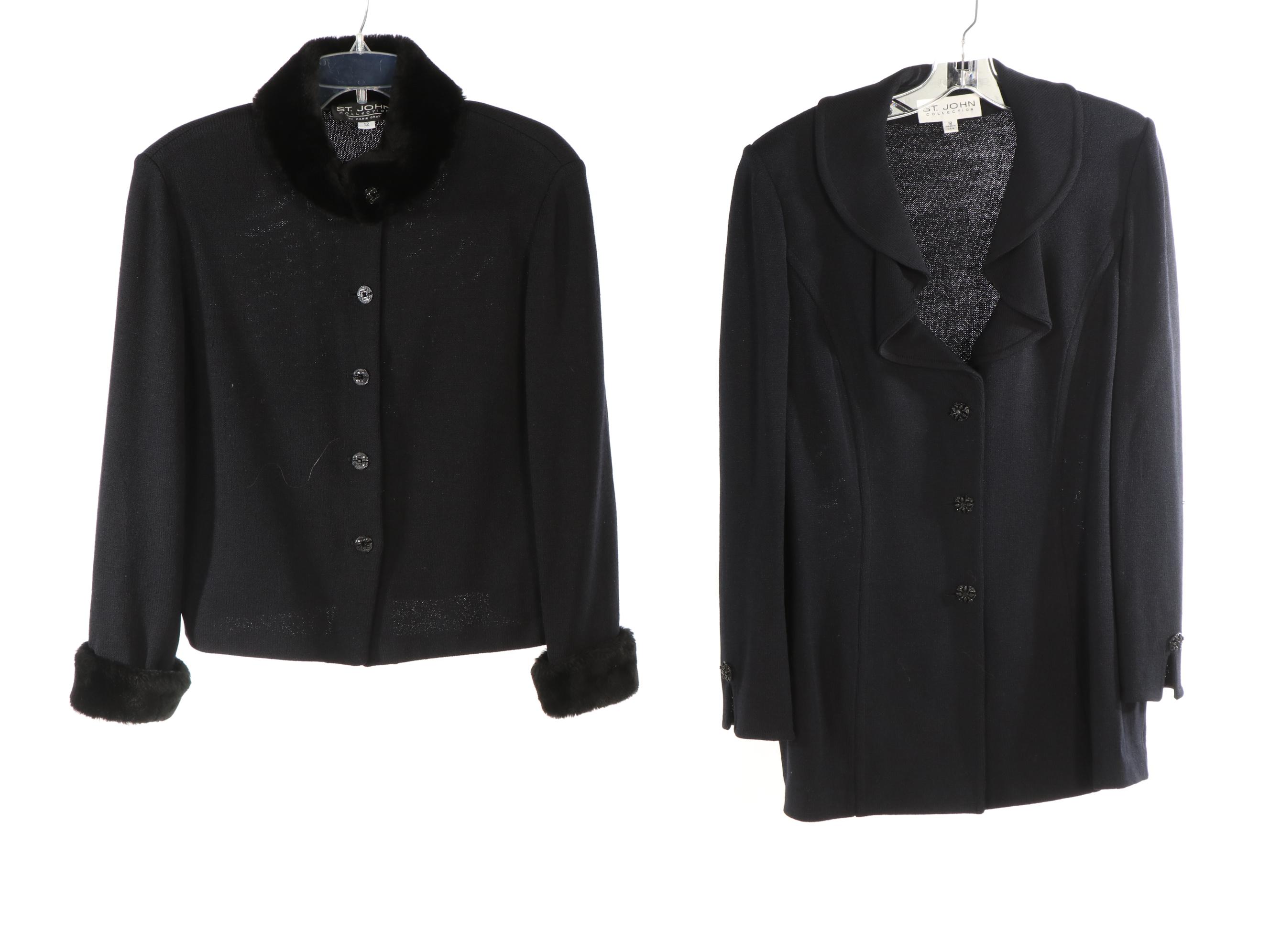 St. John Knits Ruffle Collar Jacket, Faux Fur Trim Jacket, Smocked Top, and More