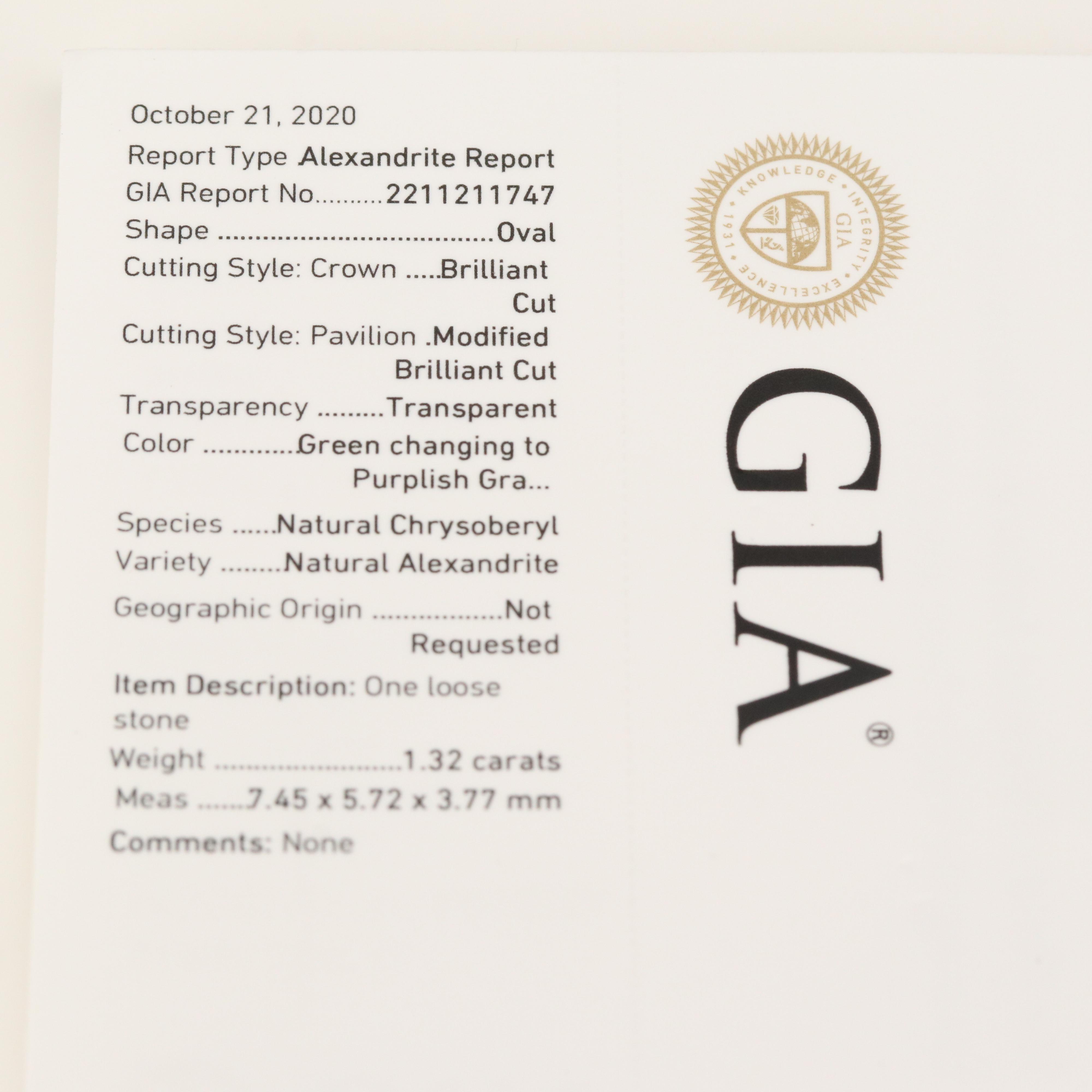 Platinum 1.32 CT Alexandrite and Diamond Ring with GIA Report