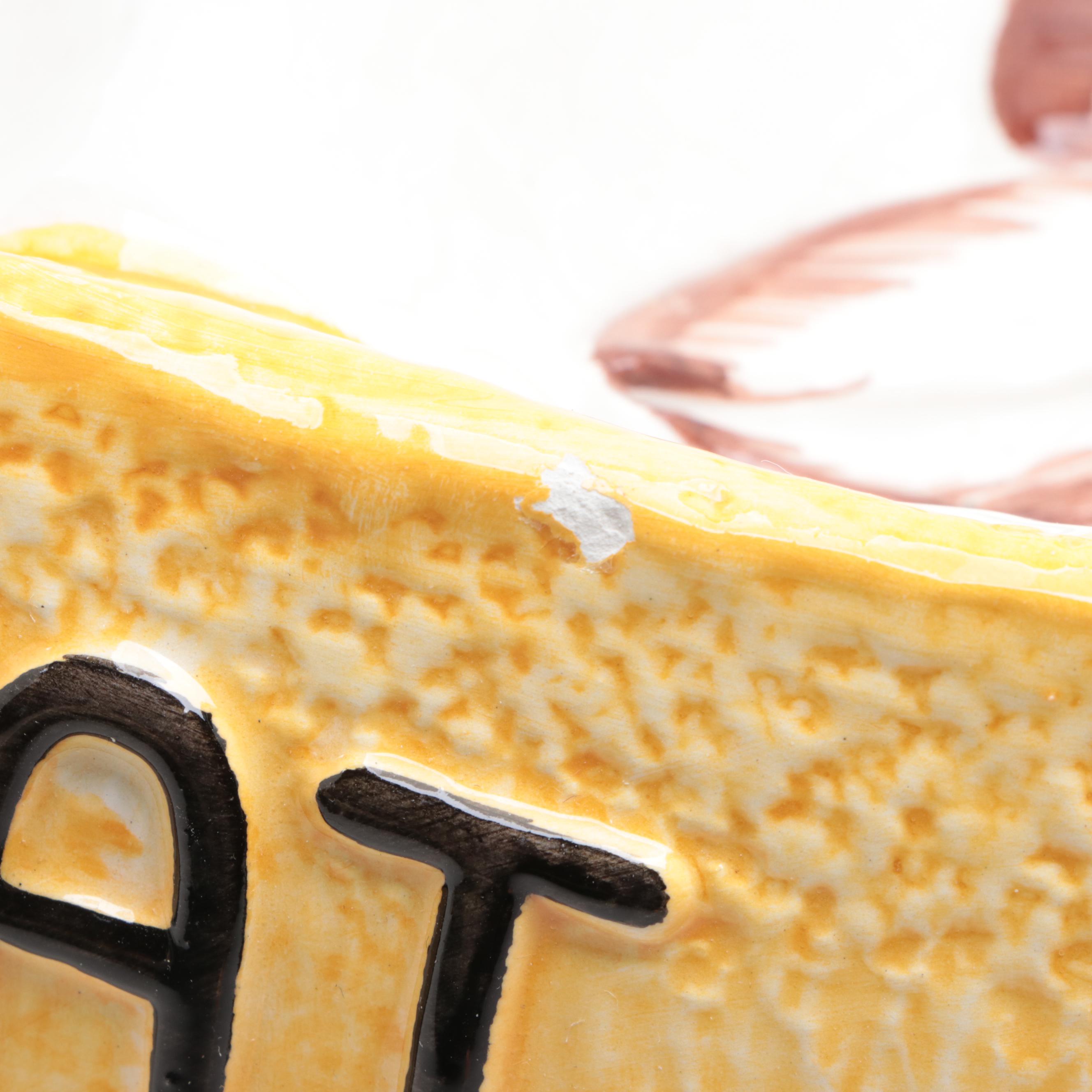 Cat Themed Books, Brass Figures, Needlepoint Pillow and Ceramic Food Dish