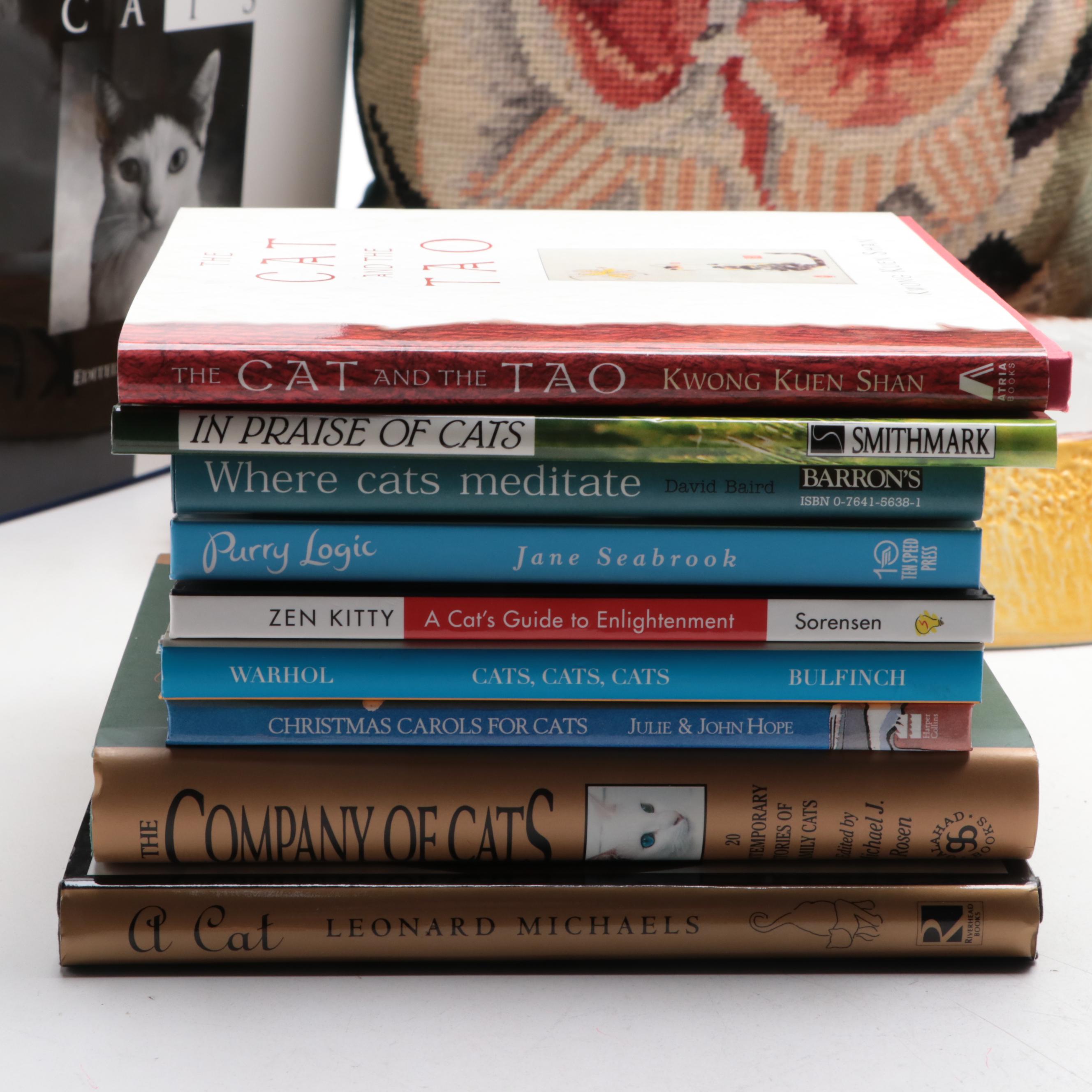 Cat Themed Books, Brass Figures, Needlepoint Pillow and Ceramic Food Dish