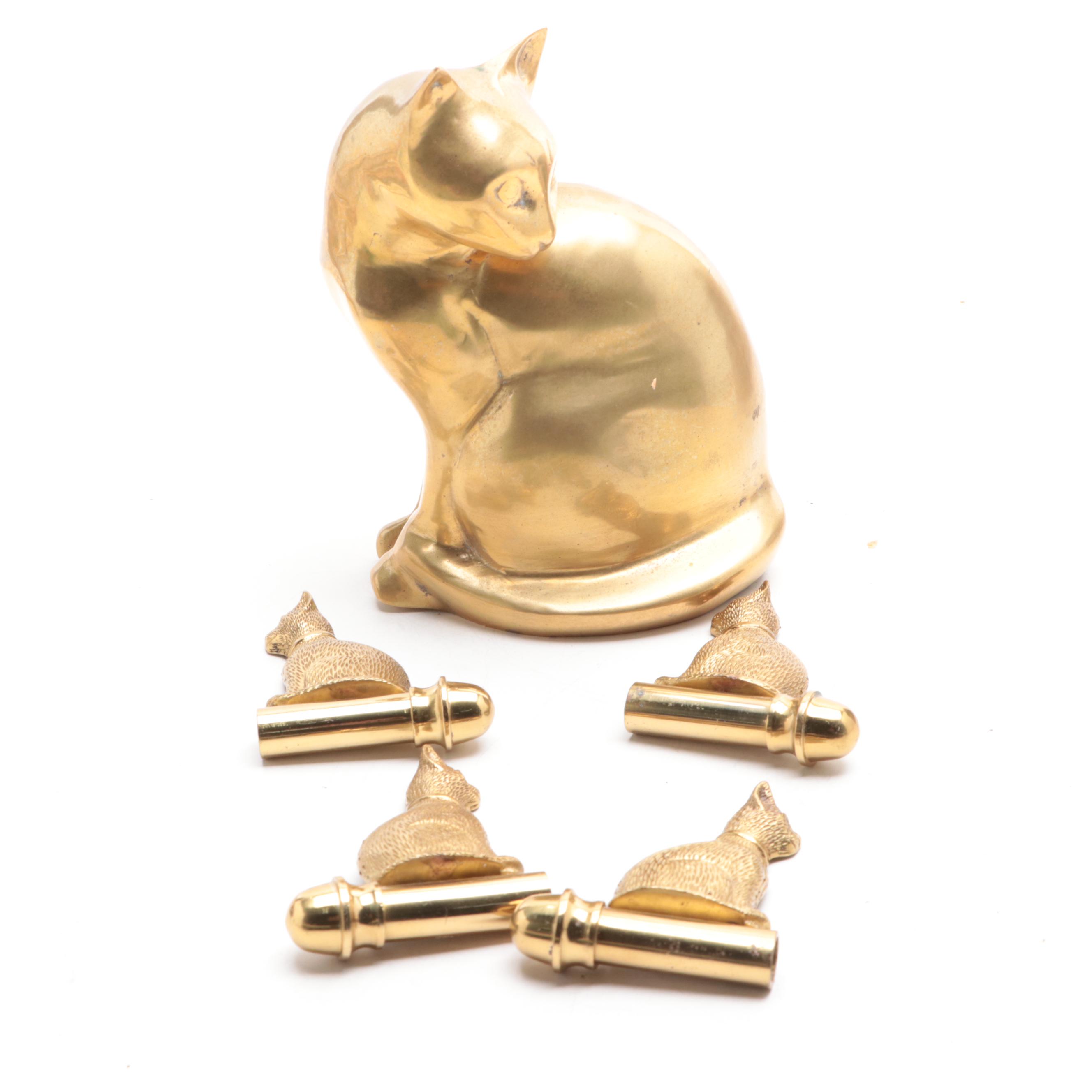 Cat Themed Books, Brass Figures, Needlepoint Pillow and Ceramic Food Dish