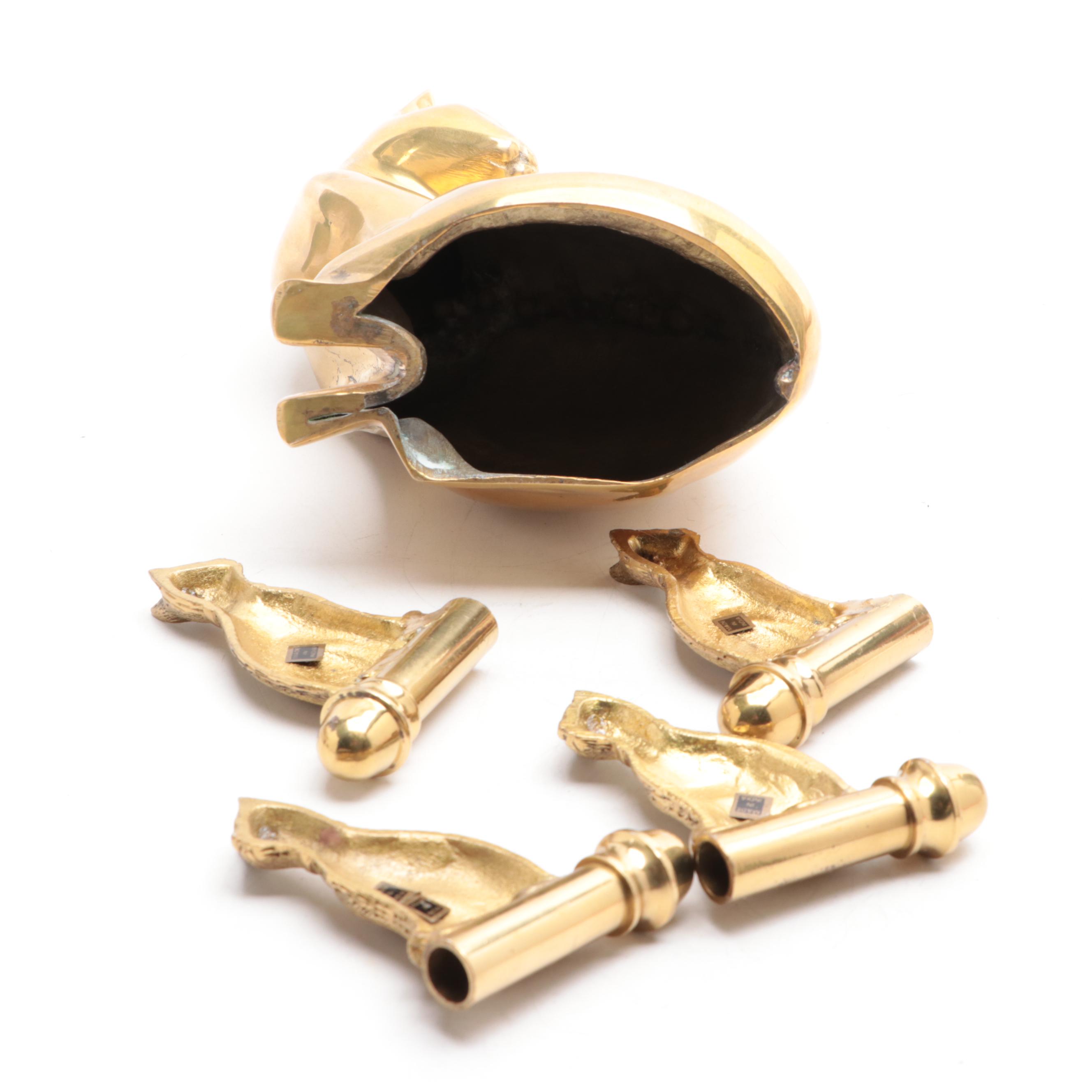 Cat Themed Books, Brass Figures, Needlepoint Pillow and Ceramic Food Dish