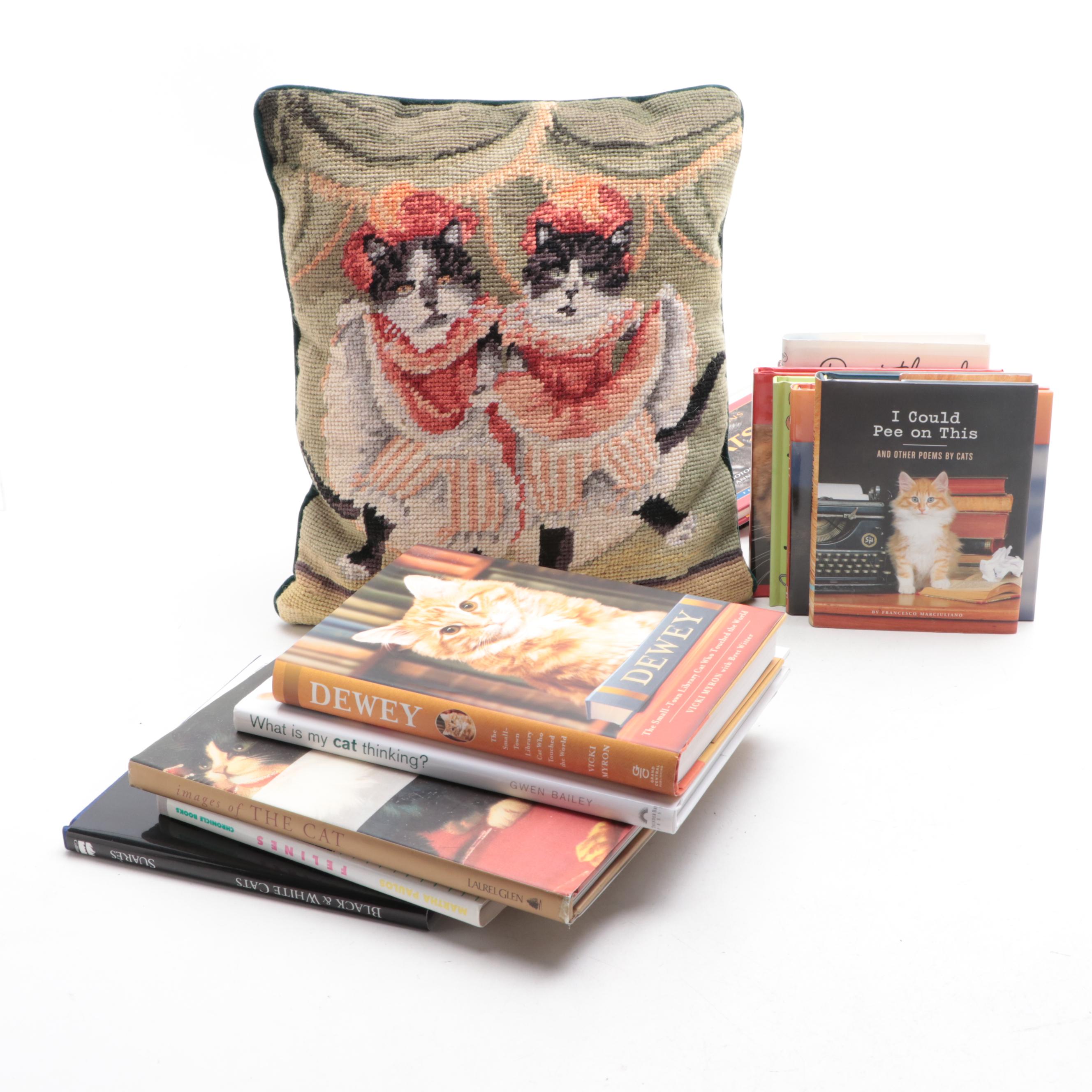 Cat Themed Books, Brass Figures, Needlepoint Pillow and Ceramic Food Dish