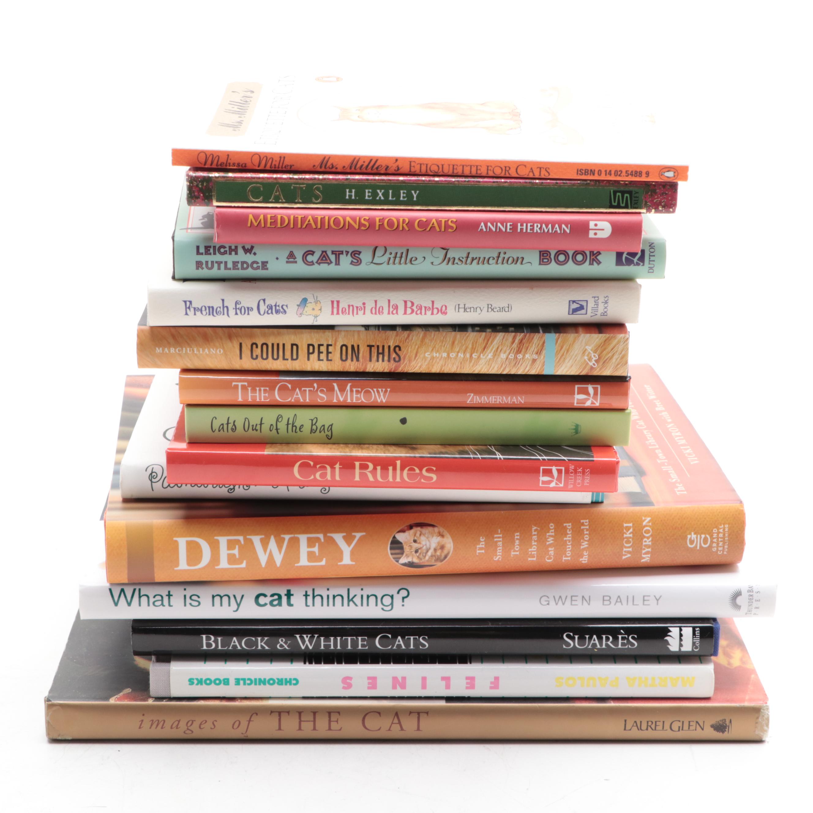 Cat Themed Books, Brass Figures, Needlepoint Pillow and Ceramic Food Dish