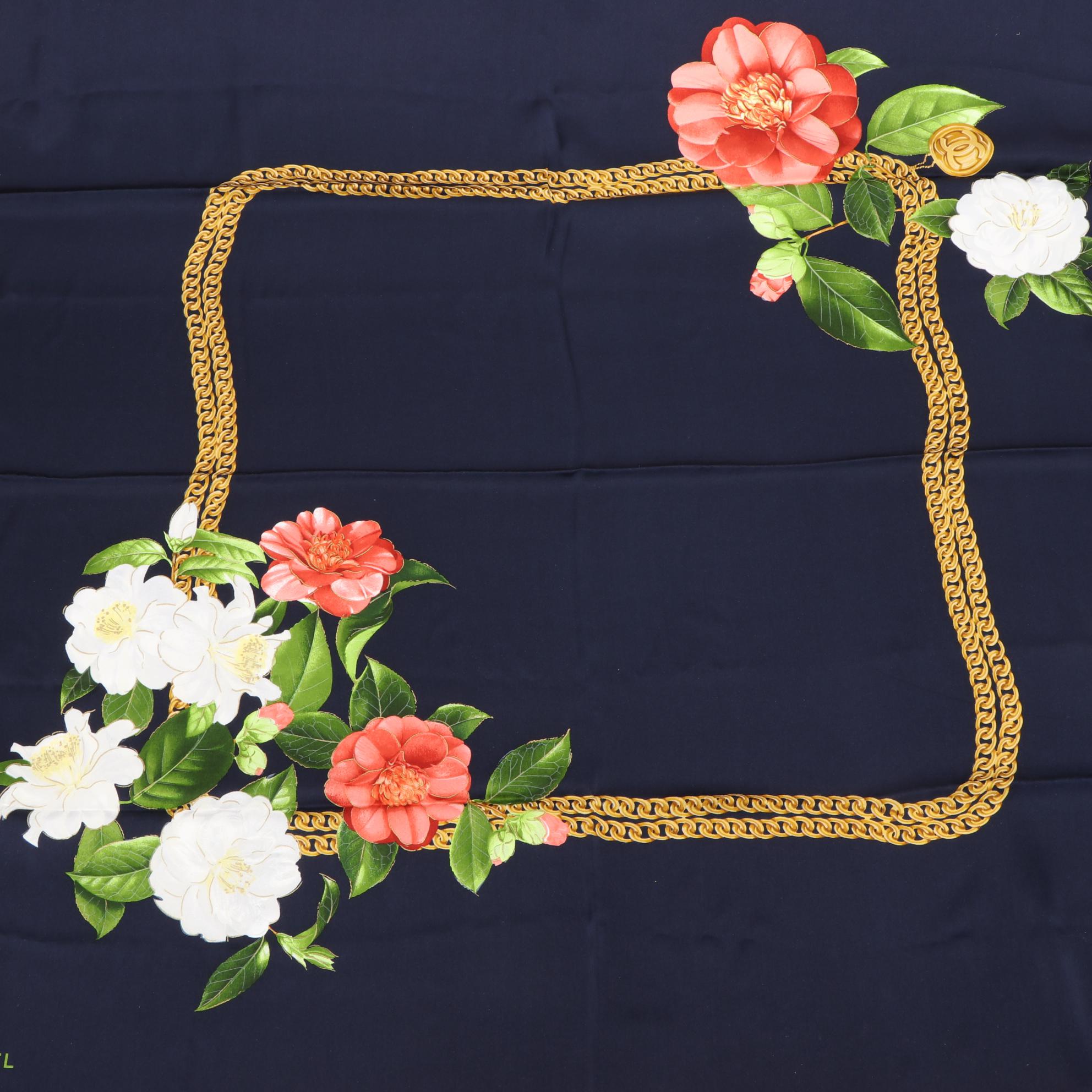 Chanel Silk Scarf in Multicolor Camelia and Chain-Link CC Medallion Print