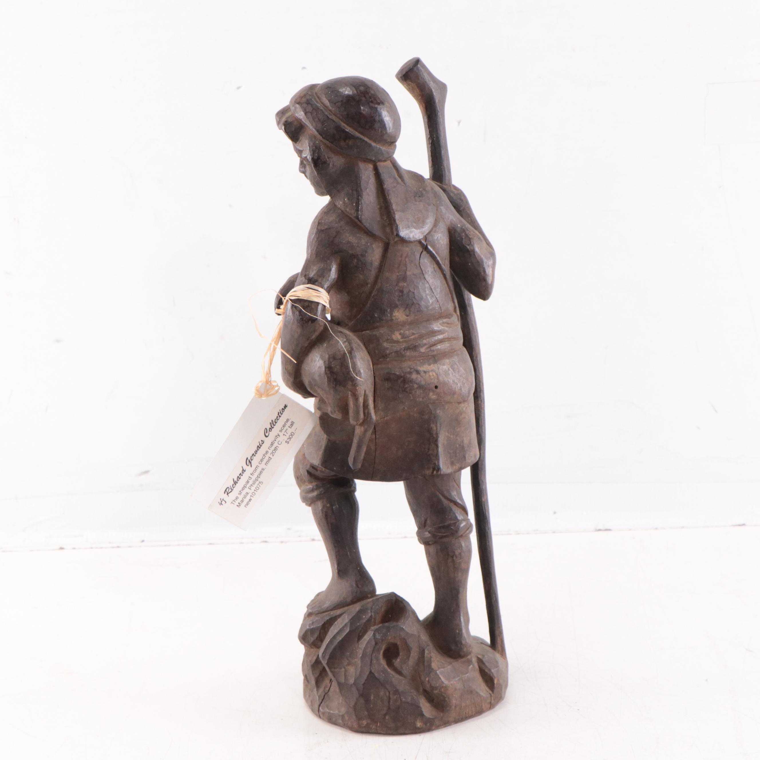 Filipino Carved Wood Nativity Shepherd Figure, Mid-20th Century