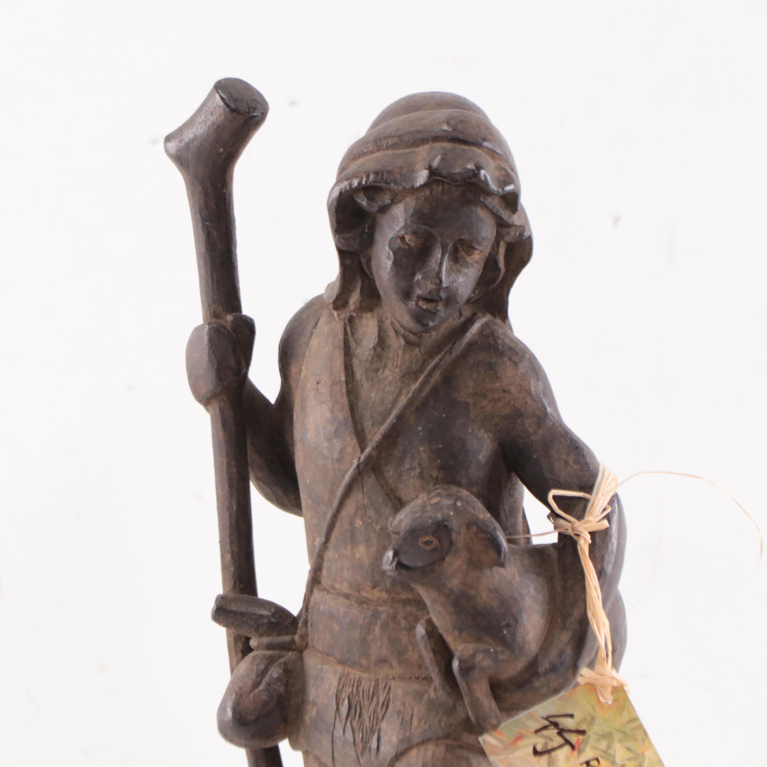 Filipino Carved Wood Nativity Shepherd Figure, Mid-20th Century