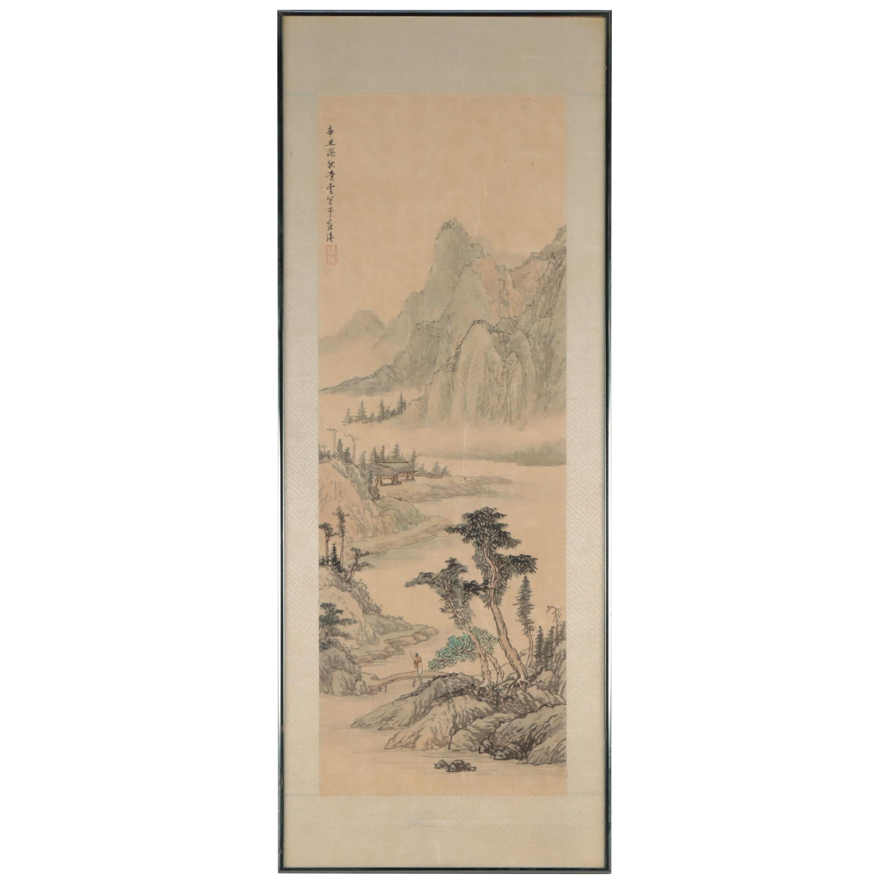 Japanese Landscape Ink and Watercolor Painting