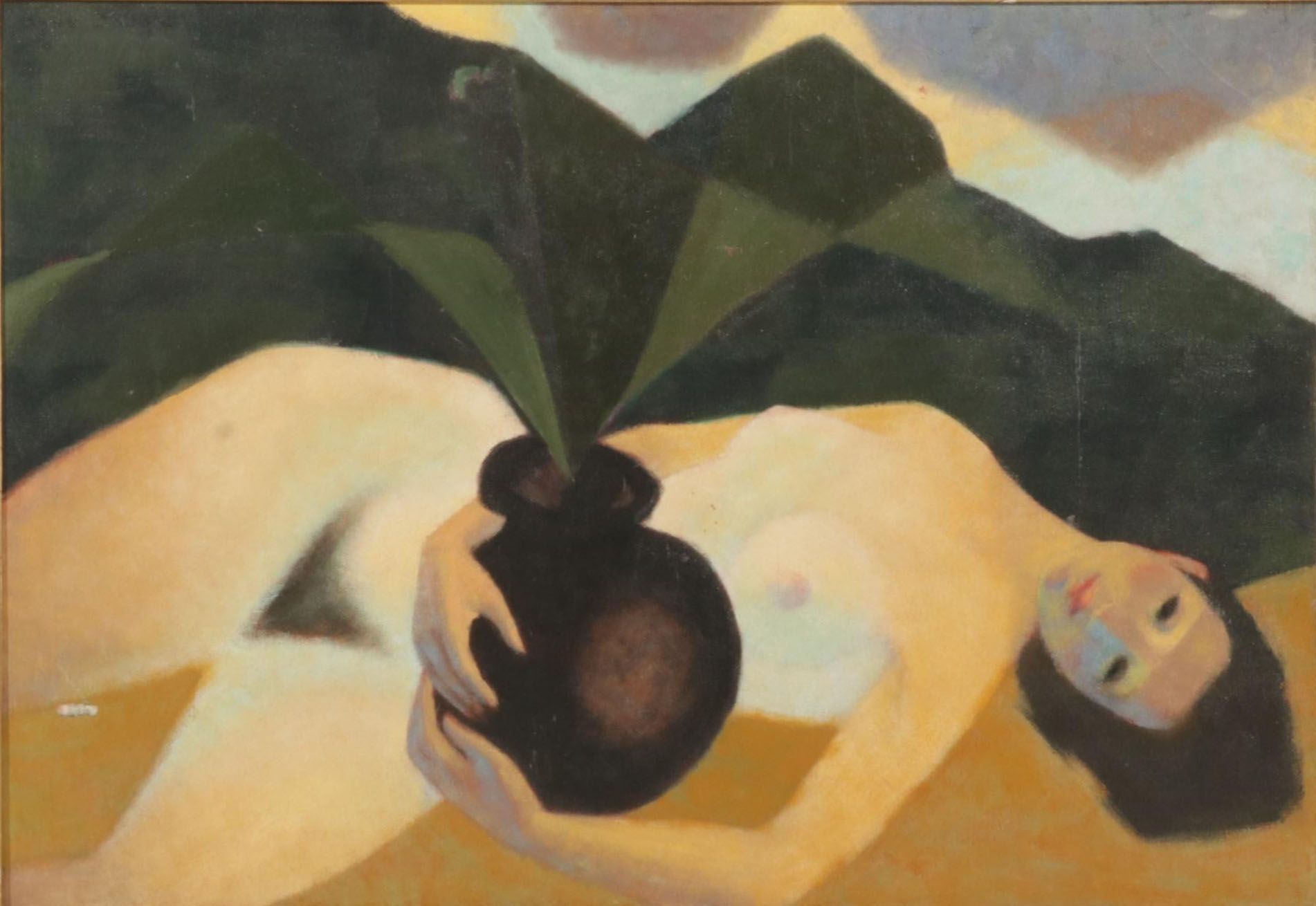 Chas Dodge Oil Painting of Reclining Nude Holding Fern, Circa 1970