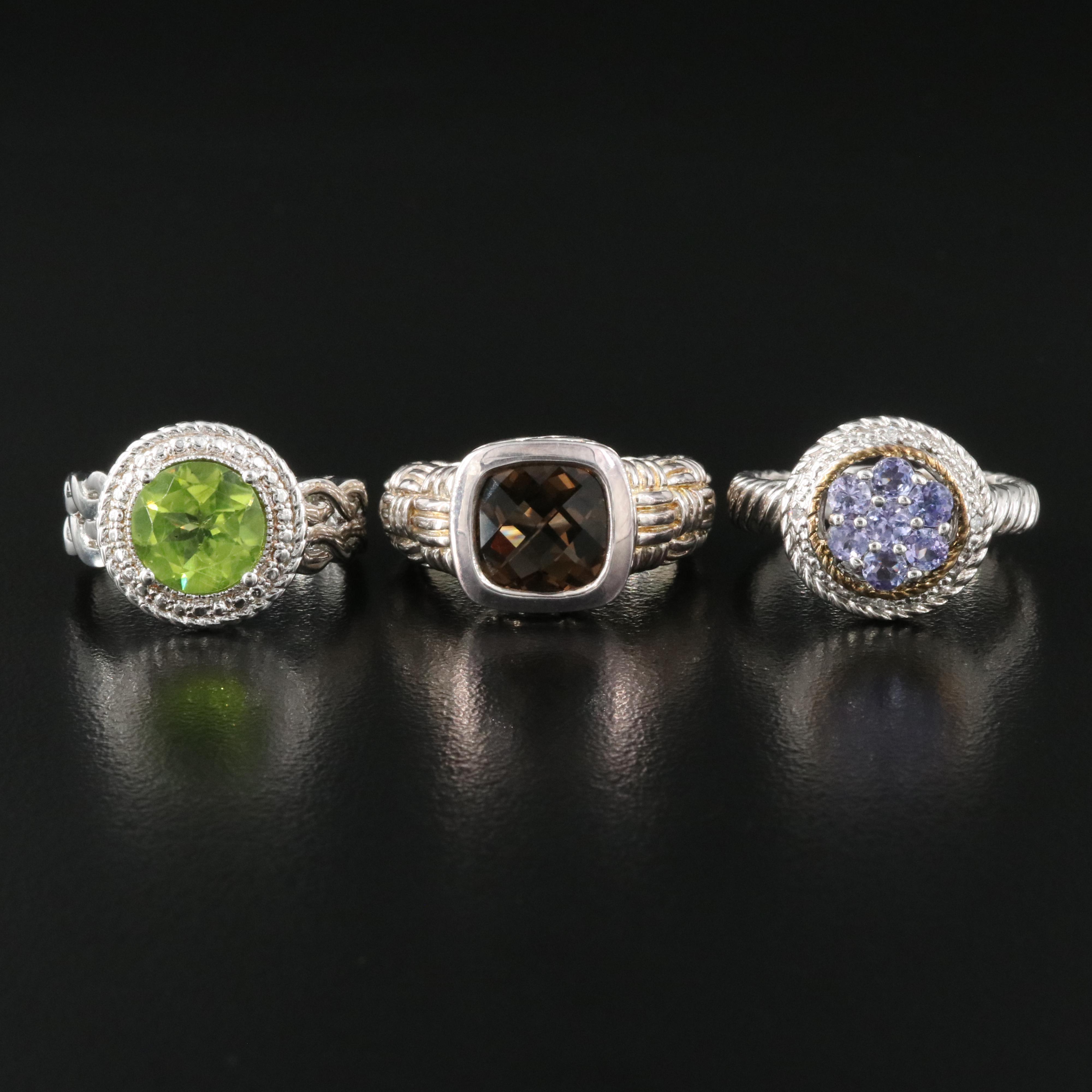 Sterling Rings Including Smoky Quartz, Peridot and Tanzanite
