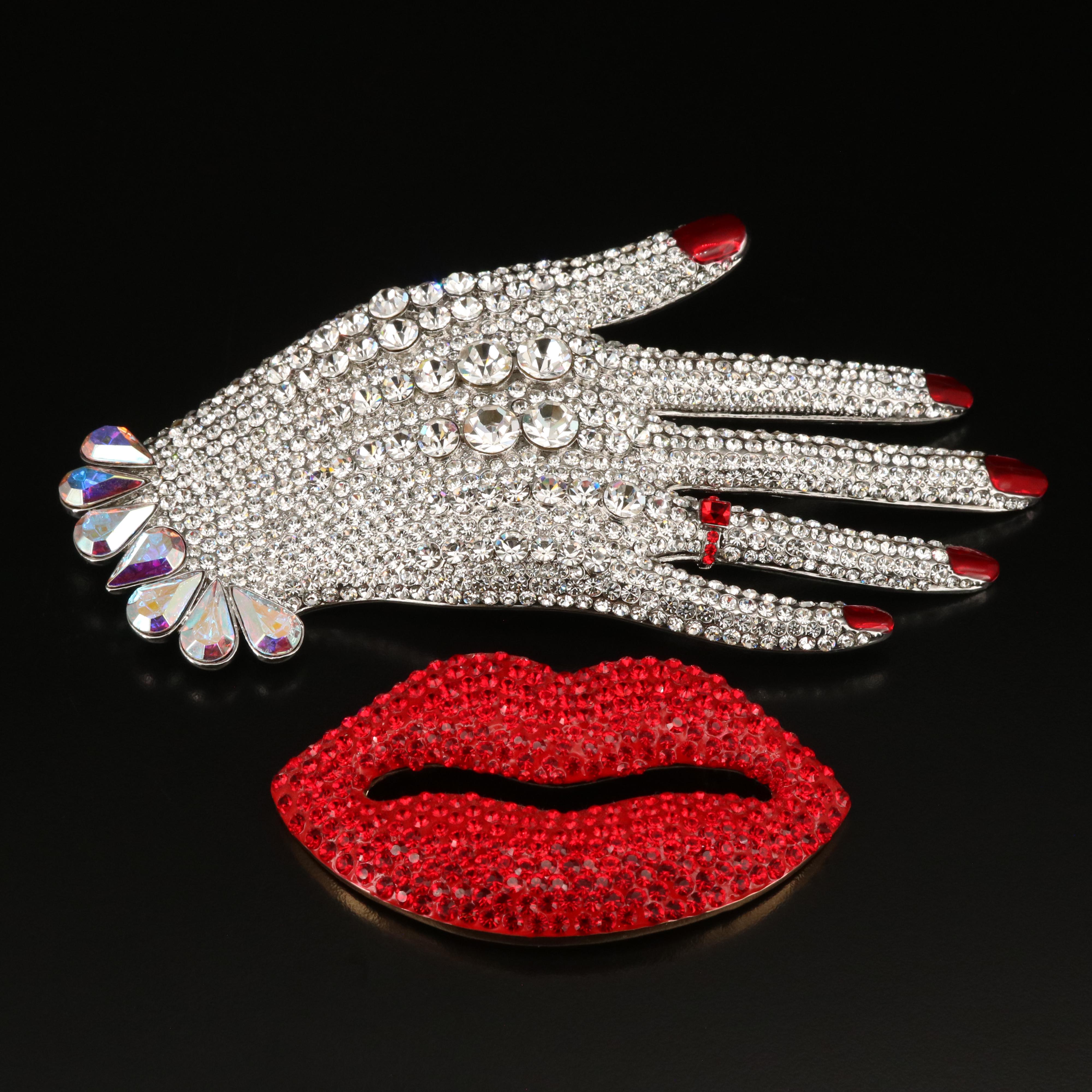 Butler and Wilson Rhinestone Lips and Hand Brooches