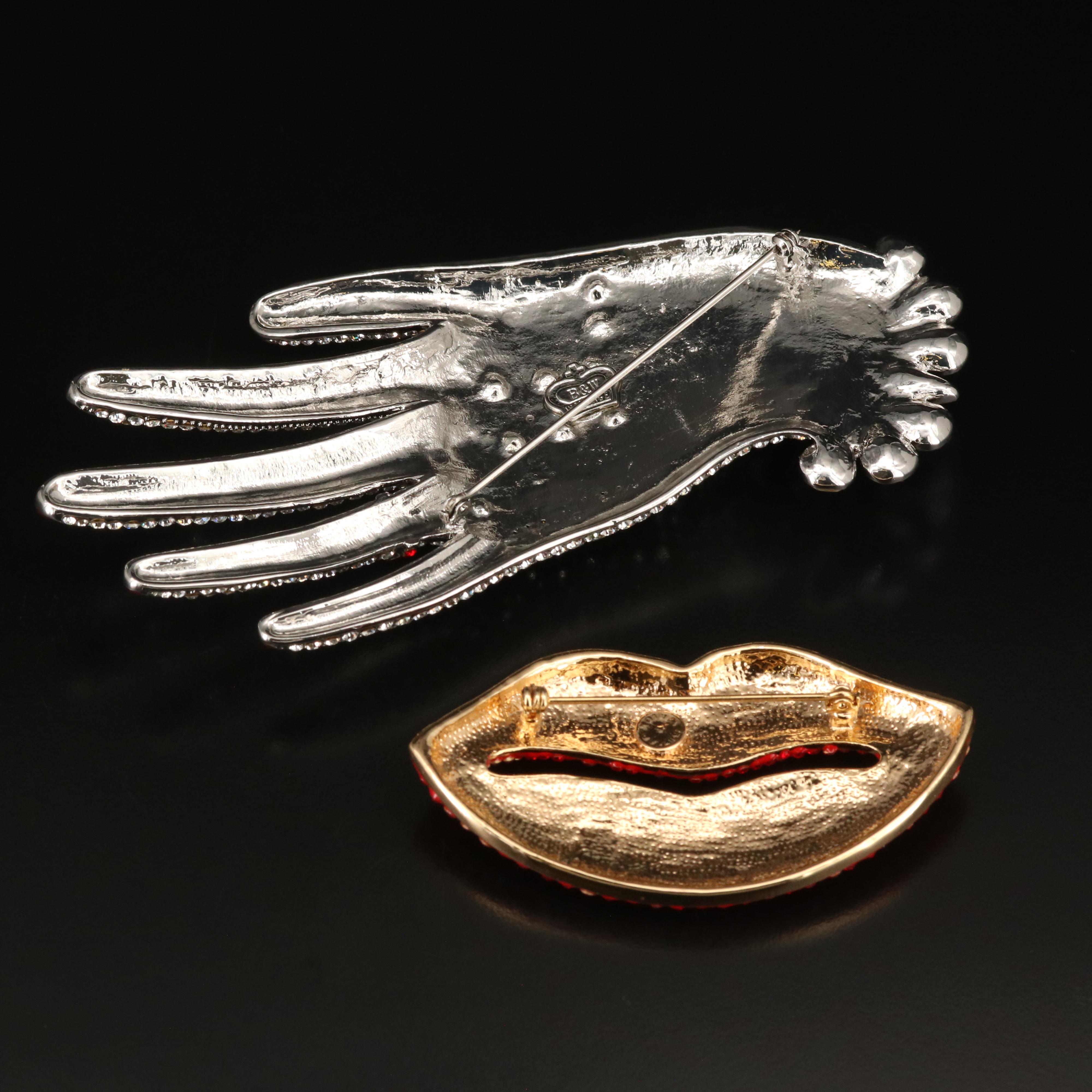 Butler and Wilson Rhinestone Lips and Hand Brooches