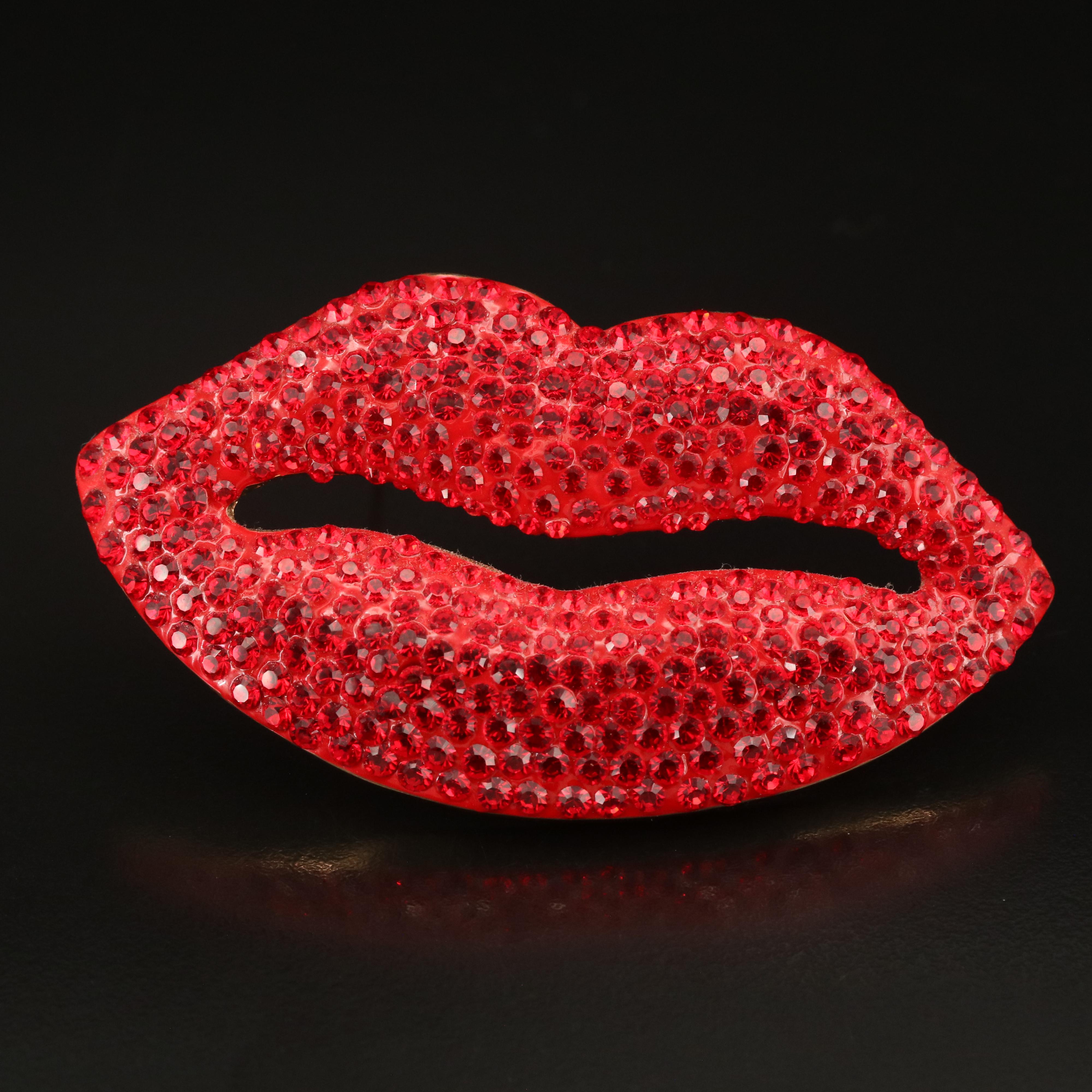 Butler and Wilson Rhinestone Lips and Hand Brooches