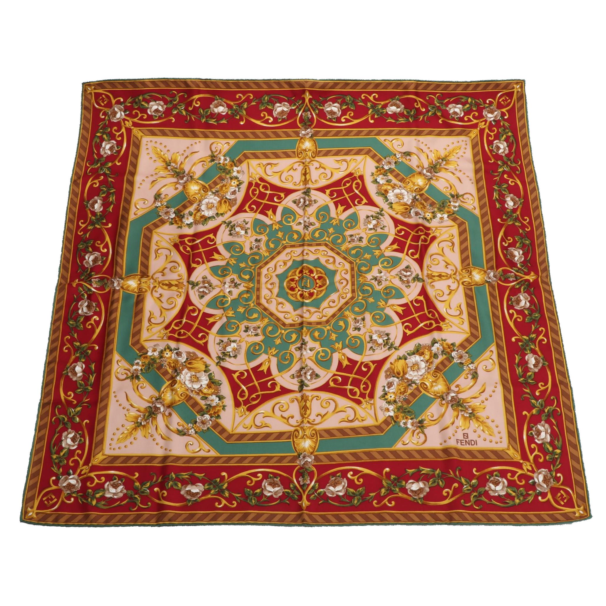 Fendi Silk Twill Scarf in Multicolor Scroll, Acanthus, and Floral Print