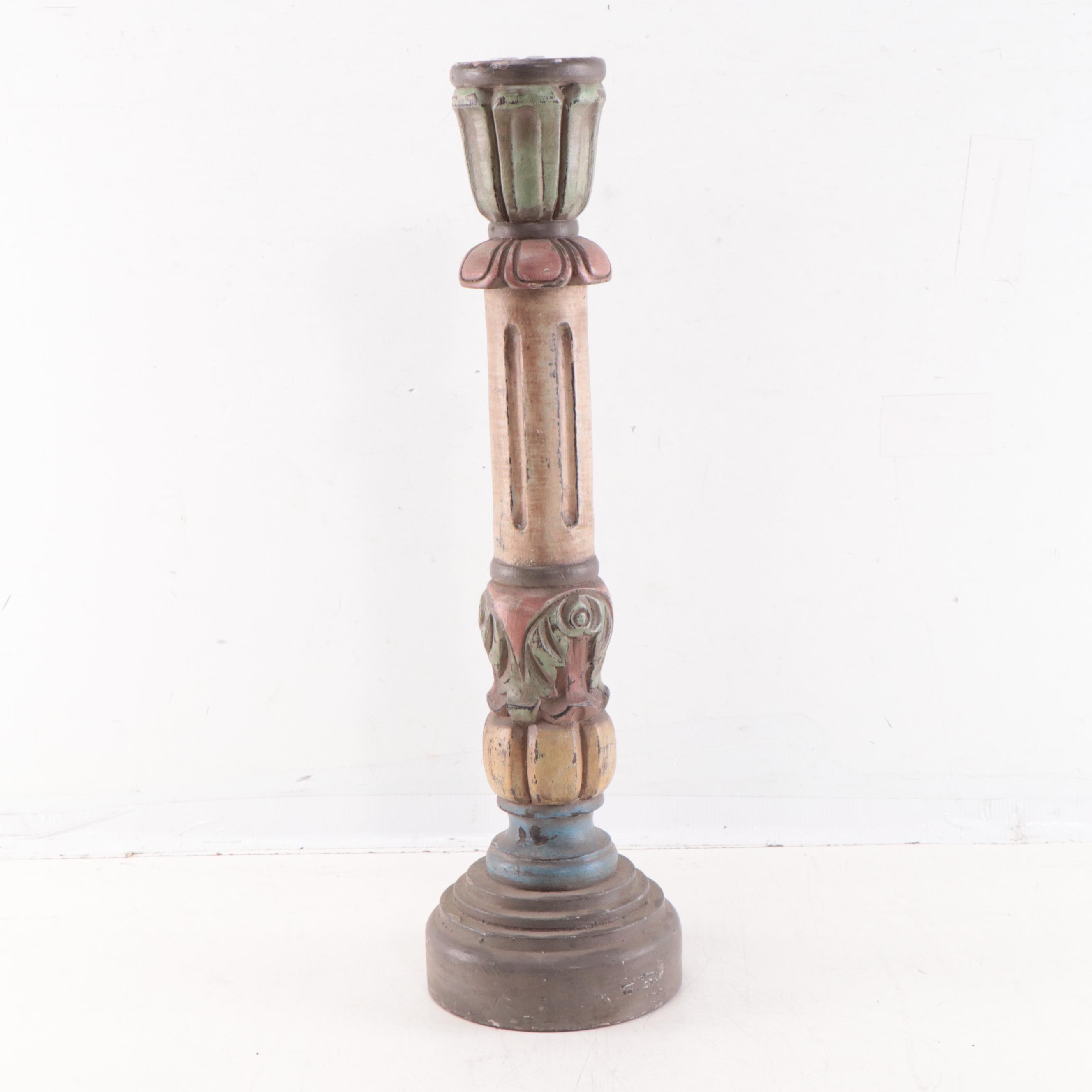 Filipino Spanish-Colonial Style Polychrome Carved Wood Candle Holder