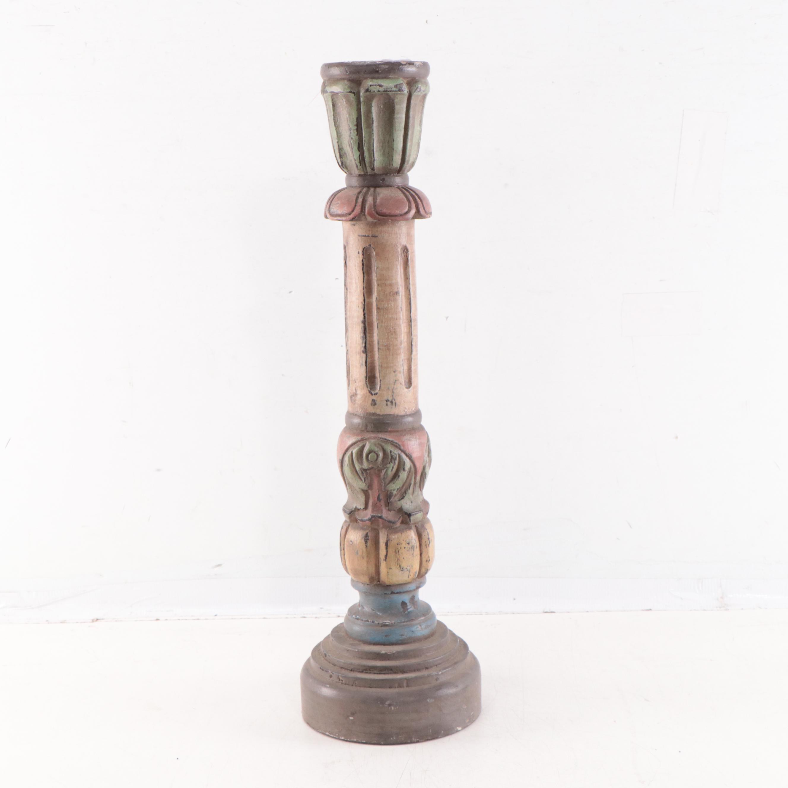 Filipino Spanish-Colonial Style Polychrome Carved Wood Candle Holder