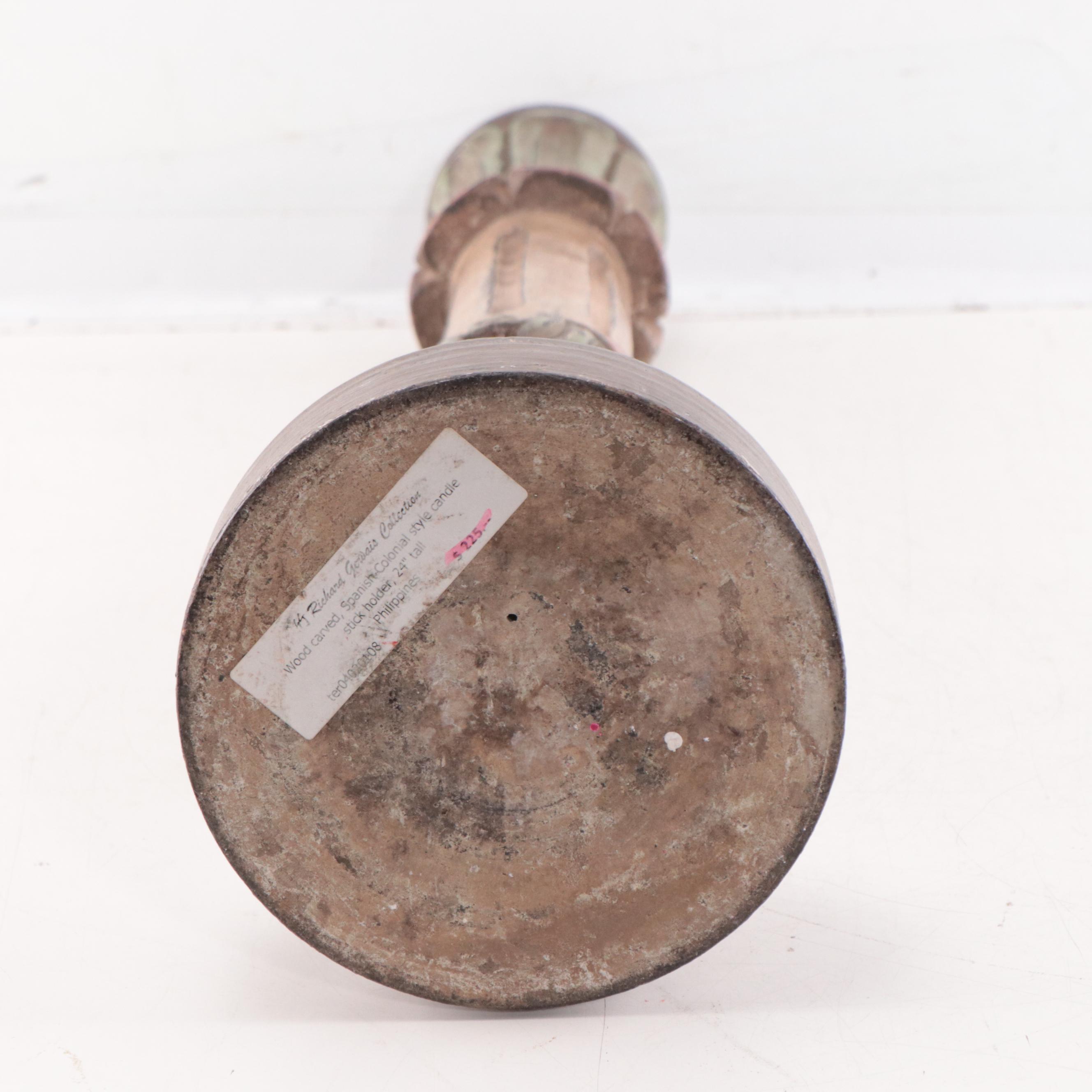 Filipino Spanish-Colonial Style Polychrome Carved Wood Candle Holder