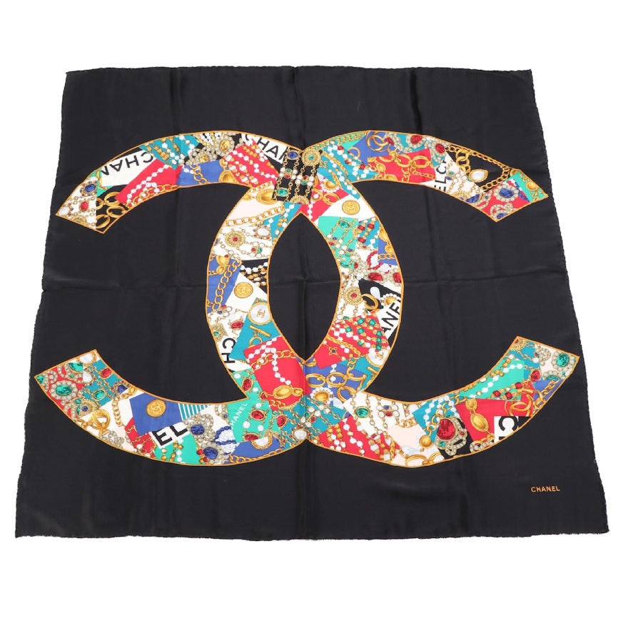 Chanel Silk Scarf in Multicolor CC Logo Bijoux Print