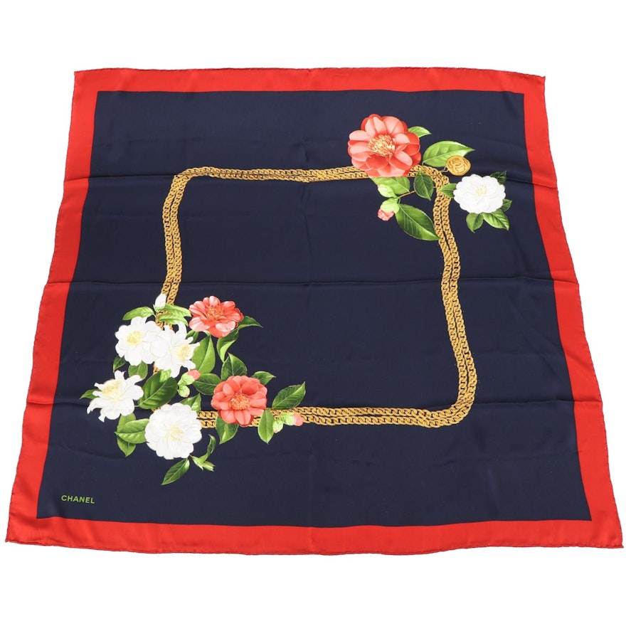 Chanel Silk Scarf in Multicolor Camelia and Chain-Link CC Medallion Print