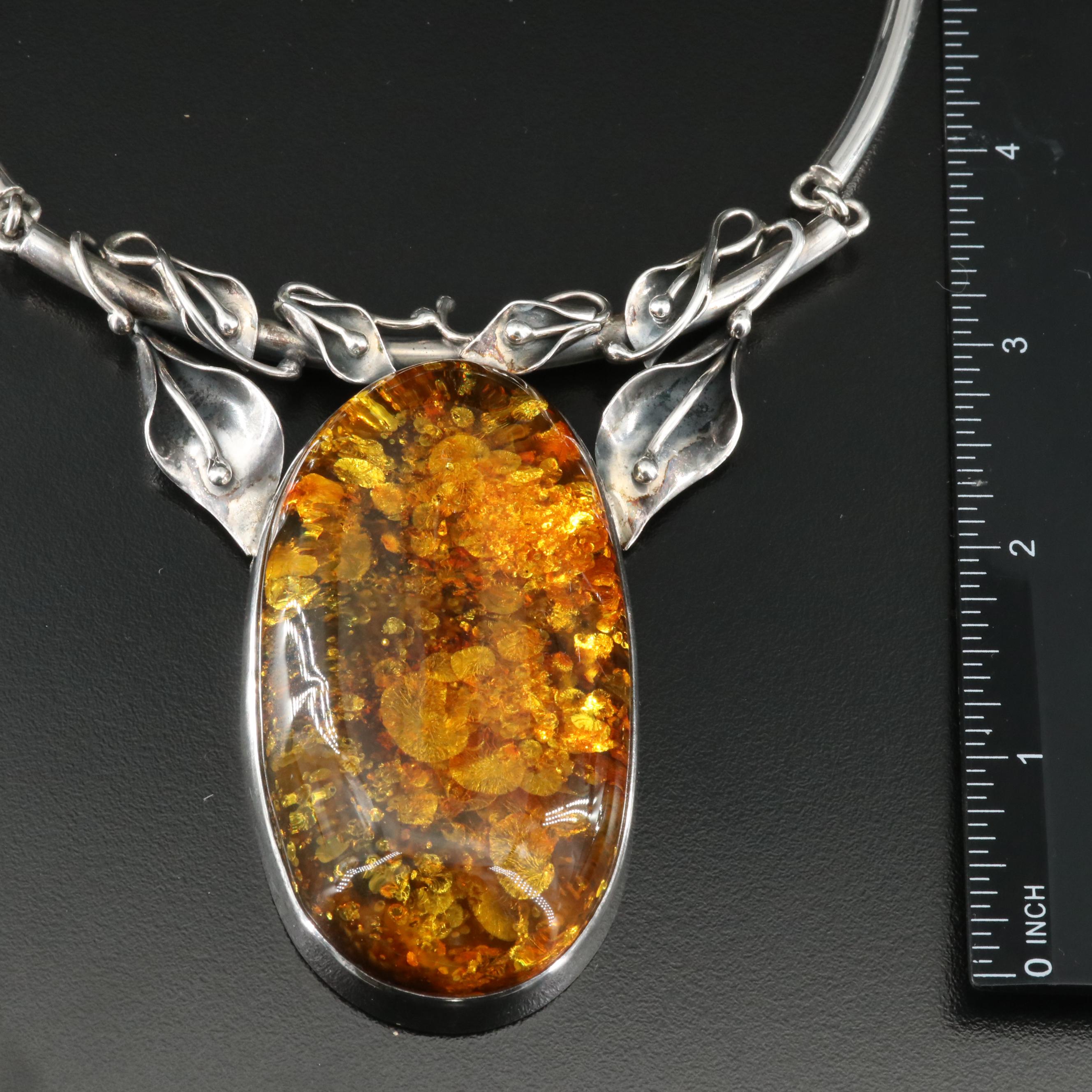Sterling Amber Necklace in Cala Lily Detail