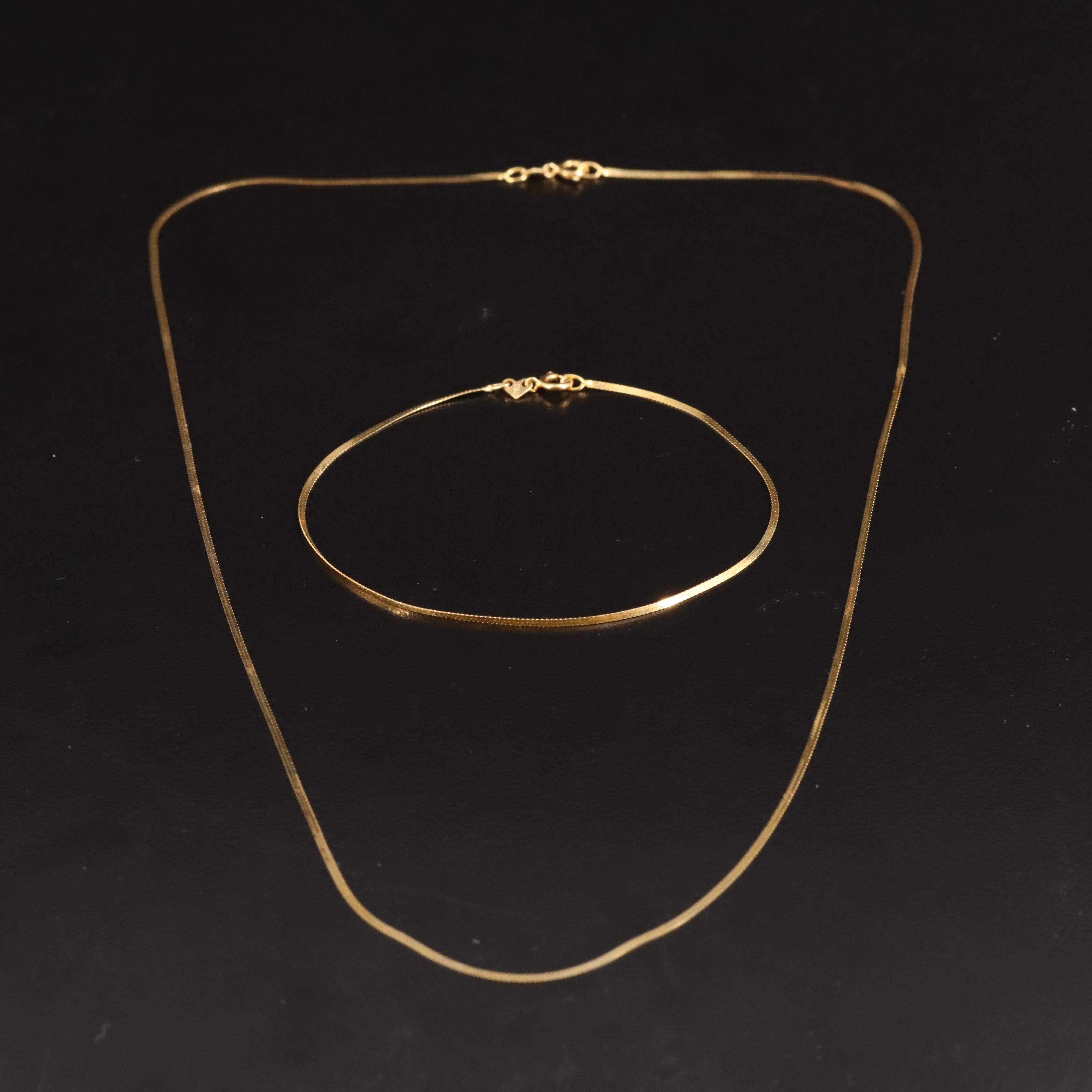 Italian 14K Herringbone Chain Necklace and Bracelet