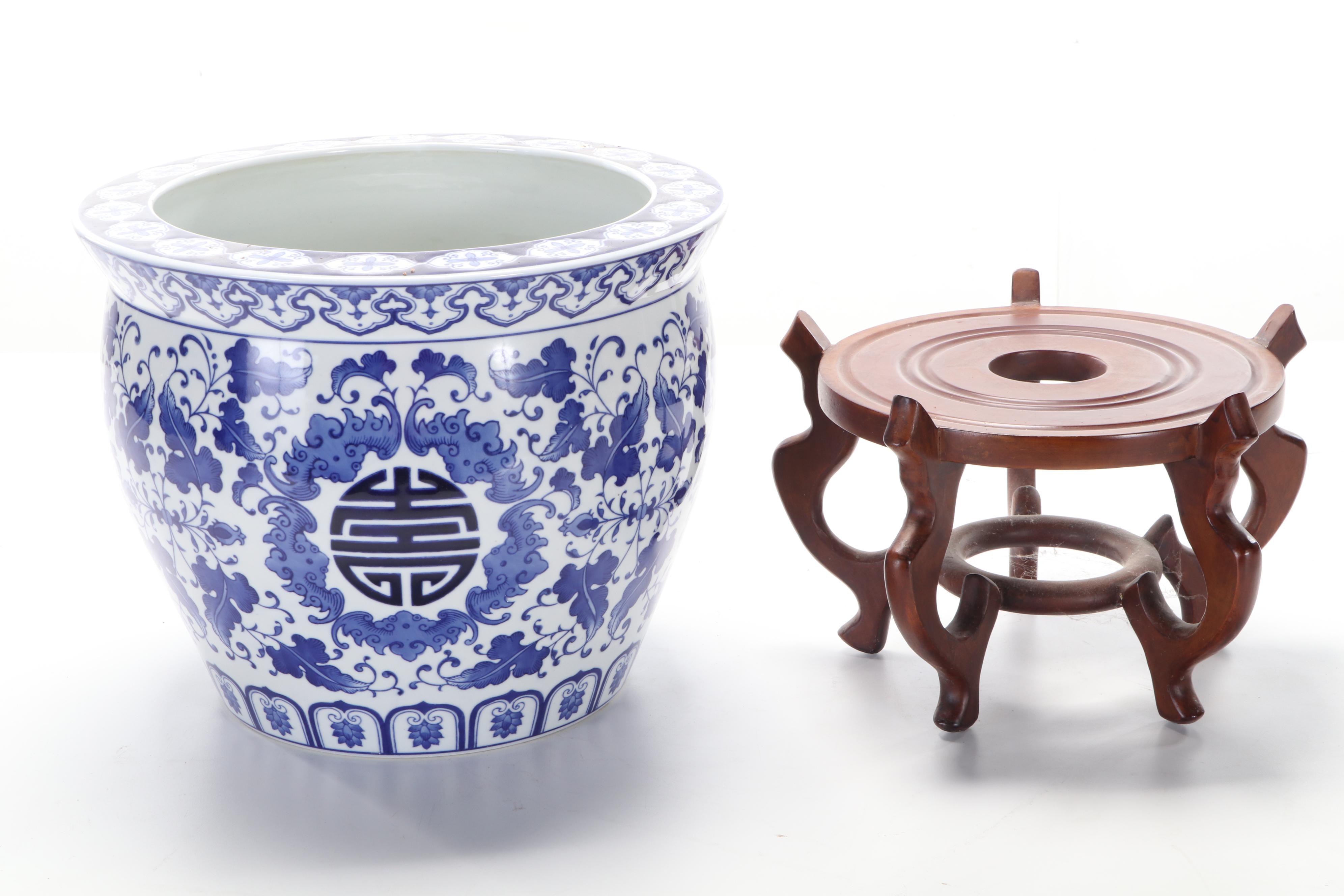 Chinese Porcelain Blue and White Fishbowl Planter with Stand