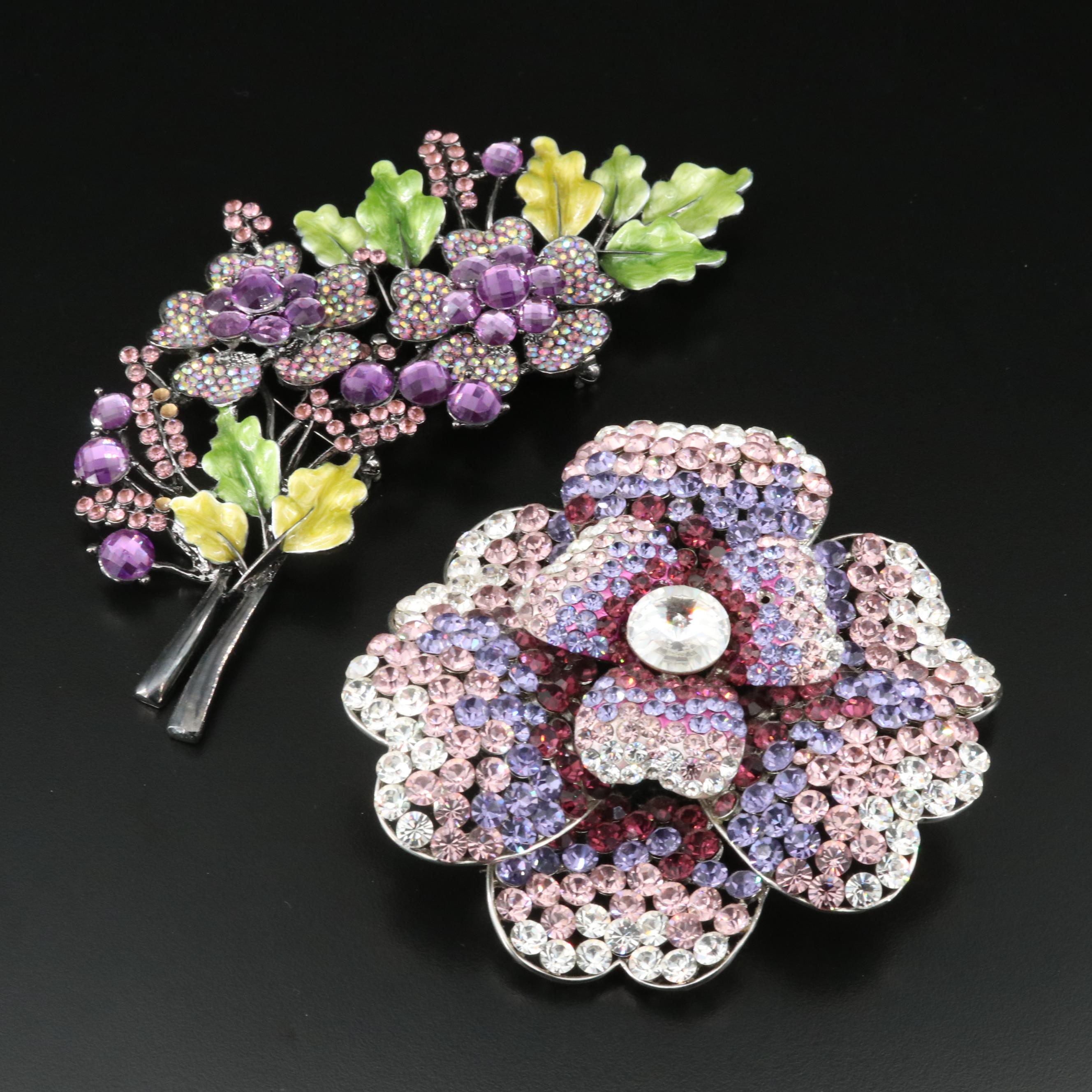 Rhinestone Floral Spray and Flower Statement Brooches