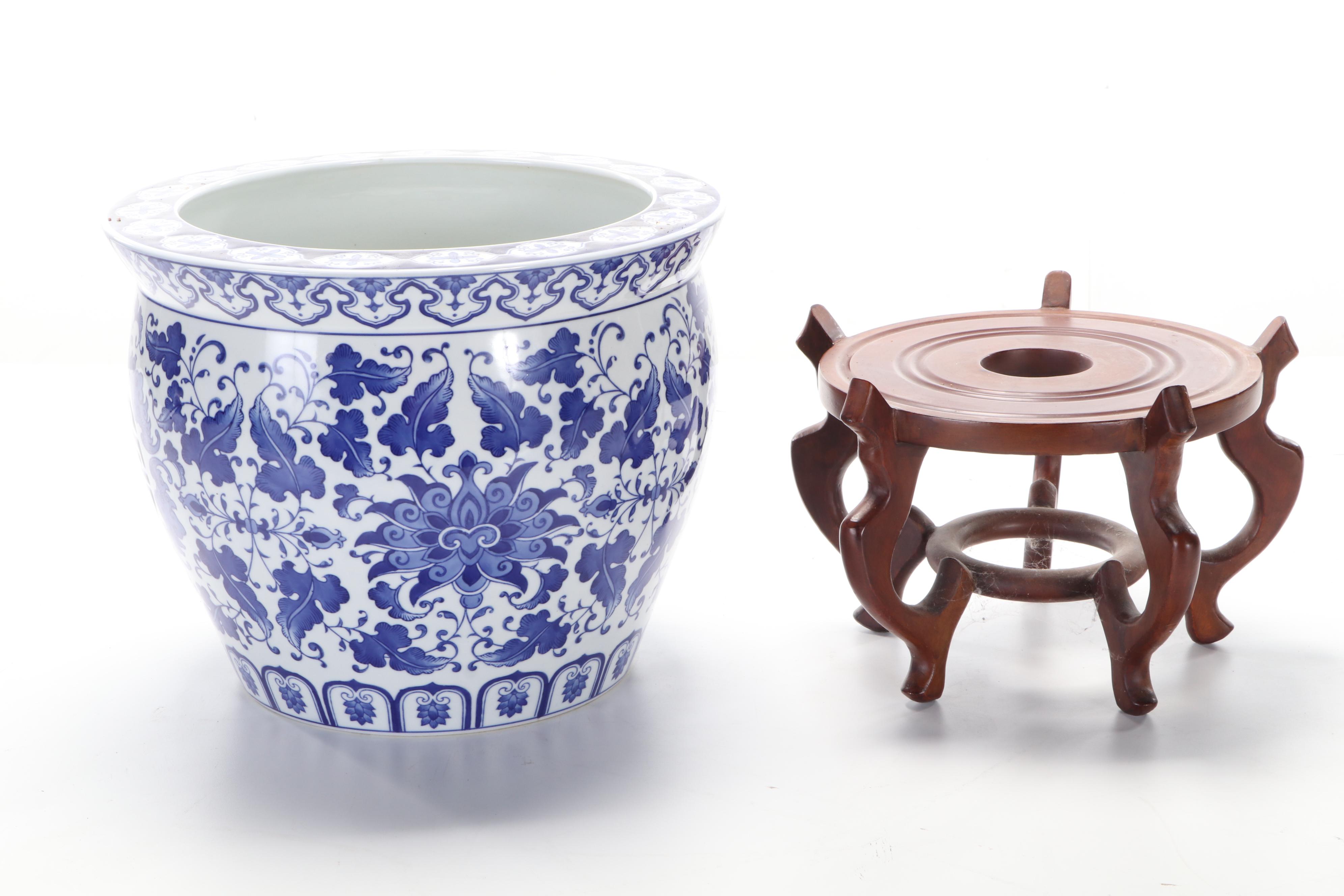 Chinese Porcelain Blue and White Fishbowl Planter with Stand