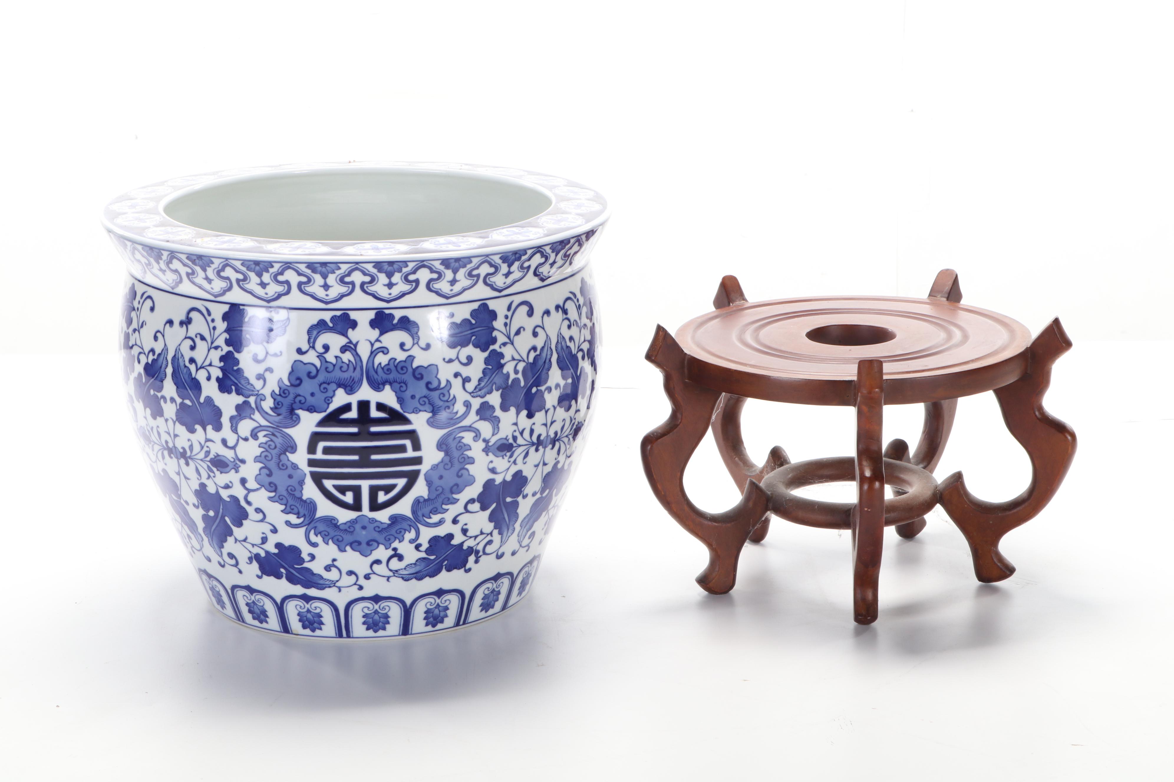 Chinese Porcelain Blue and White Fishbowl Planter with Stand