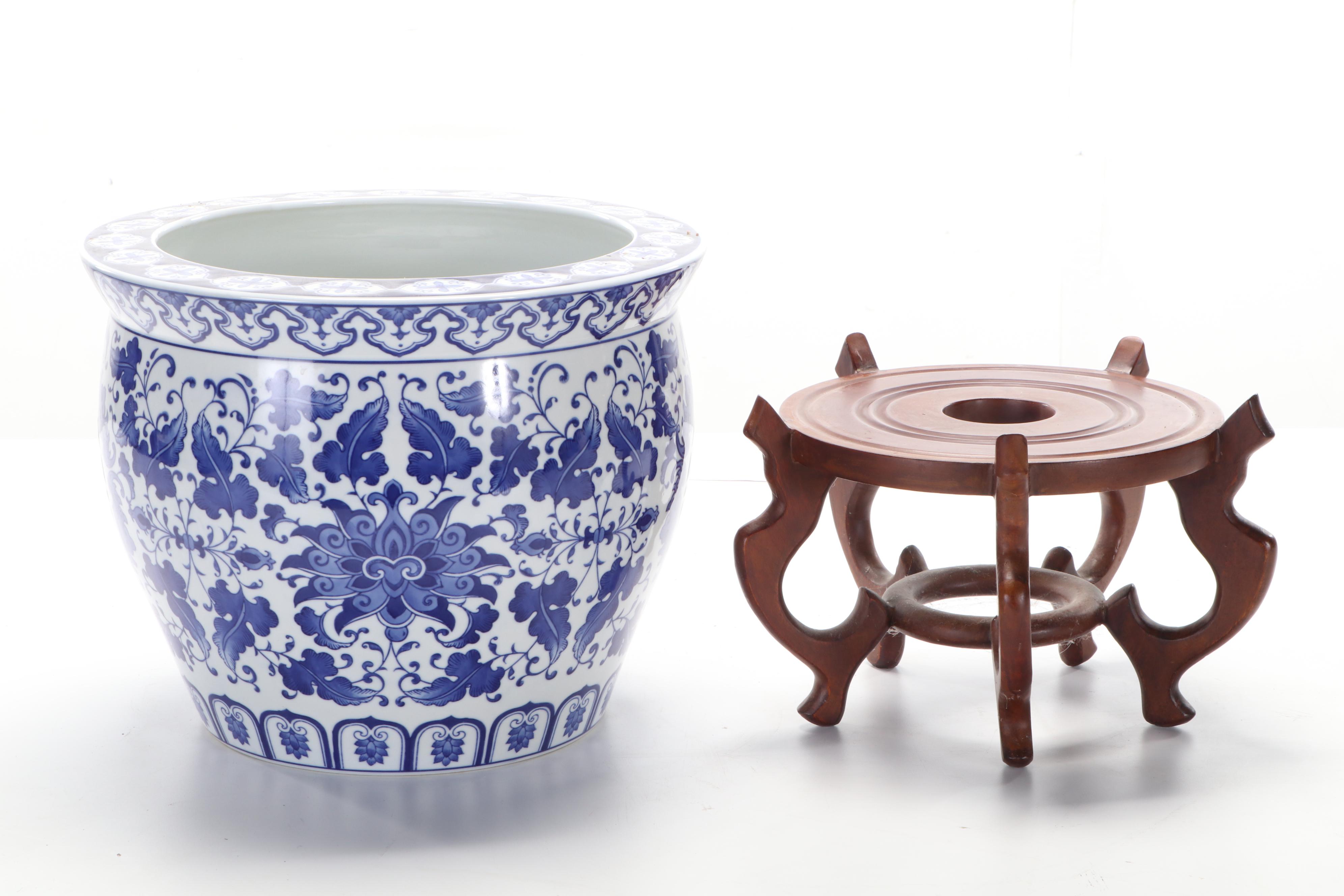 Chinese Porcelain Blue and White Fishbowl Planter with Stand
