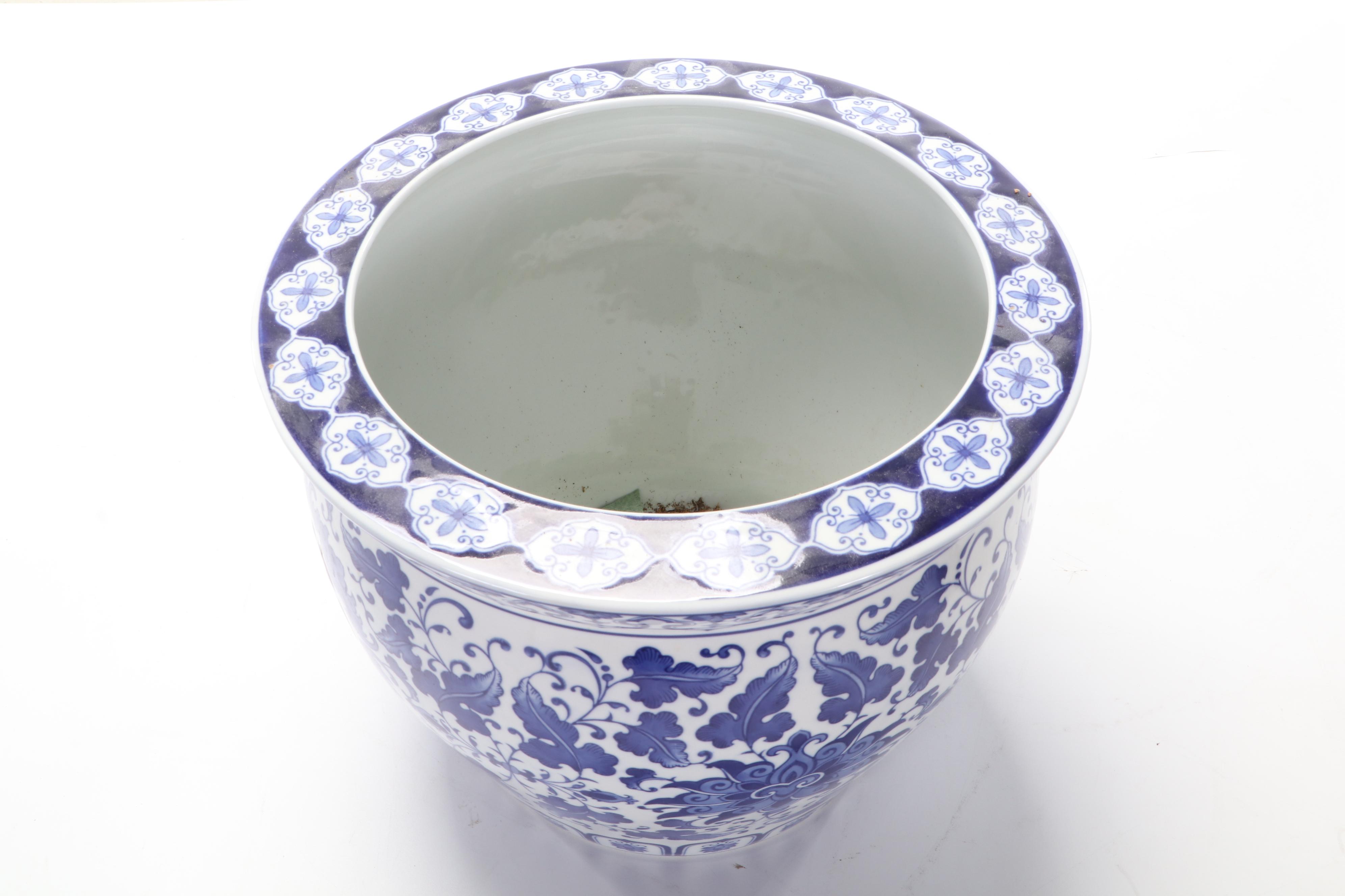 Chinese Porcelain Blue and White Fishbowl Planter with Stand