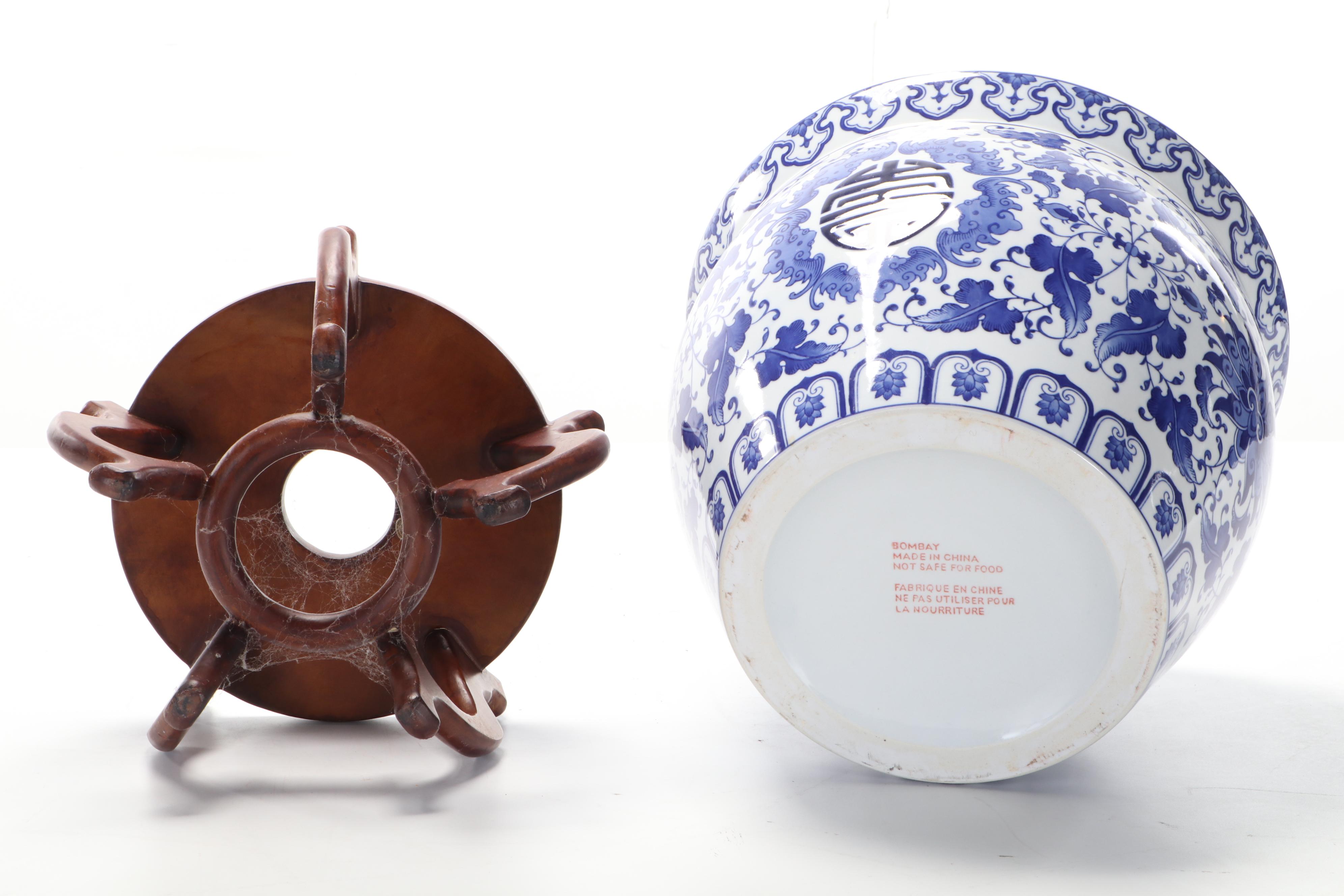 Chinese Porcelain Blue and White Fishbowl Planter with Stand