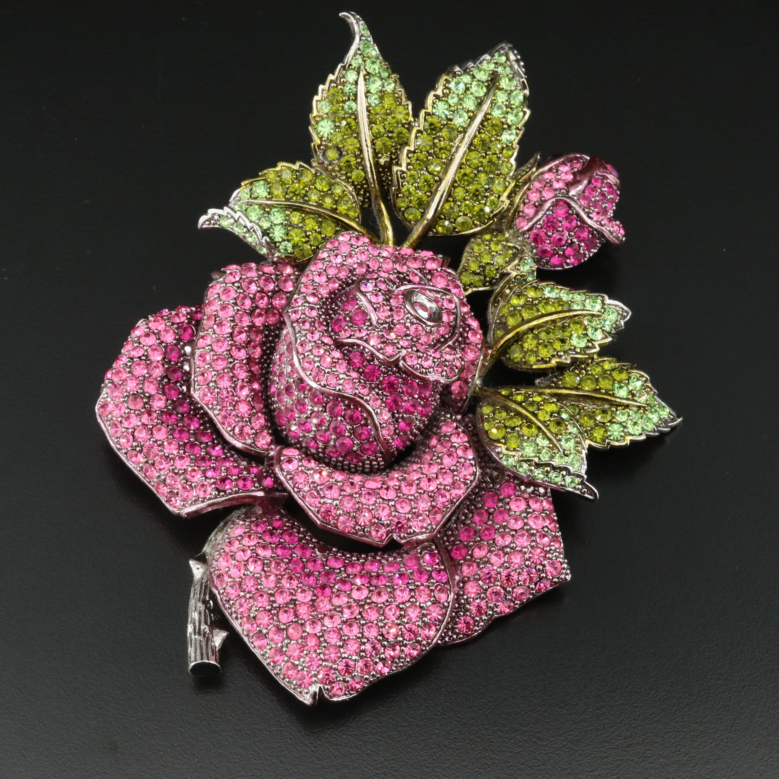 Signed Rhinestone Oversized Rose Brooch