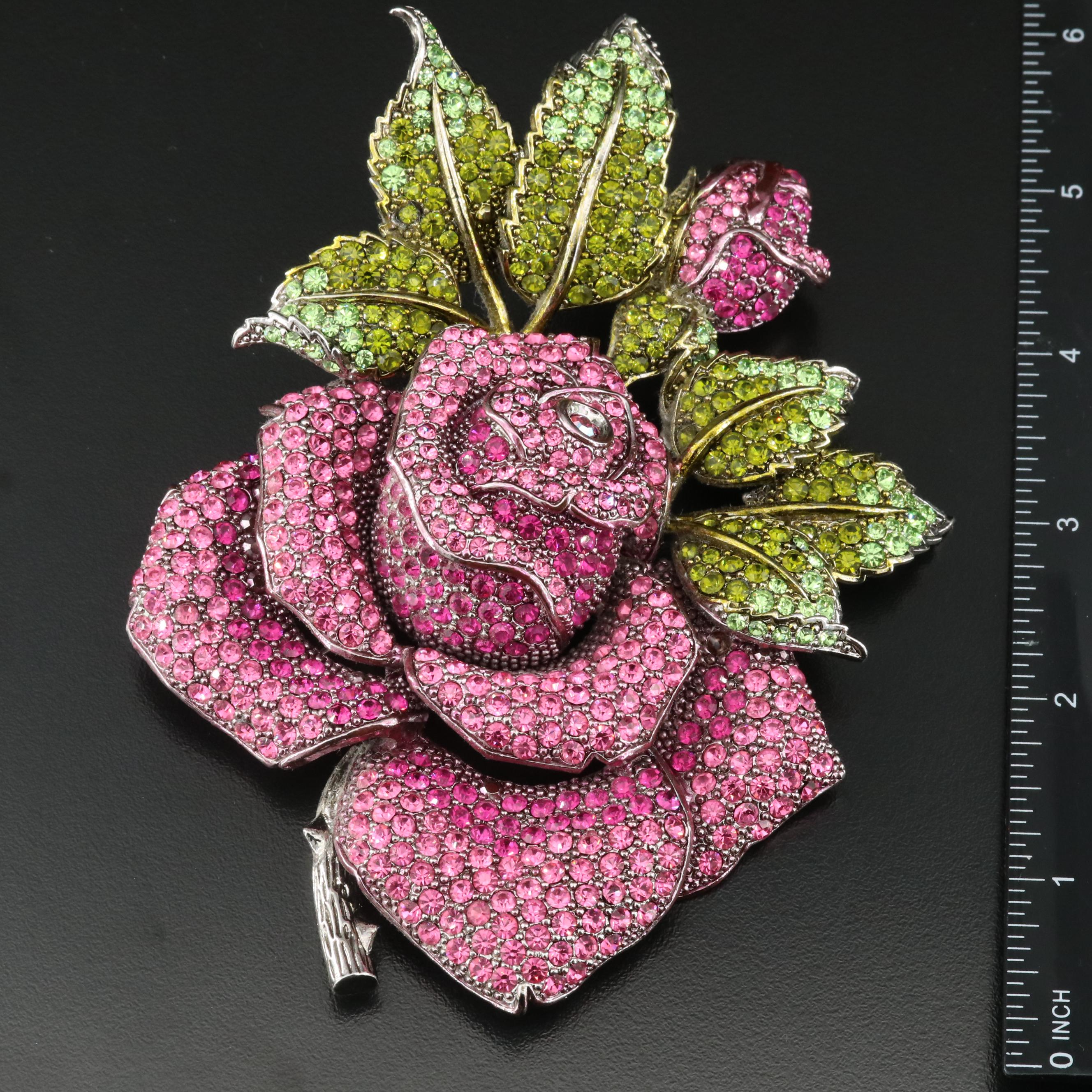 Signed Rhinestone Oversized Rose Brooch