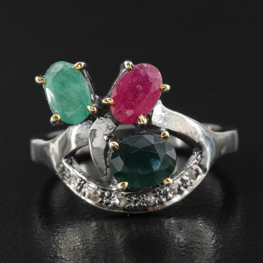 Sterling Sapphire, Ruby and Emerald Ring