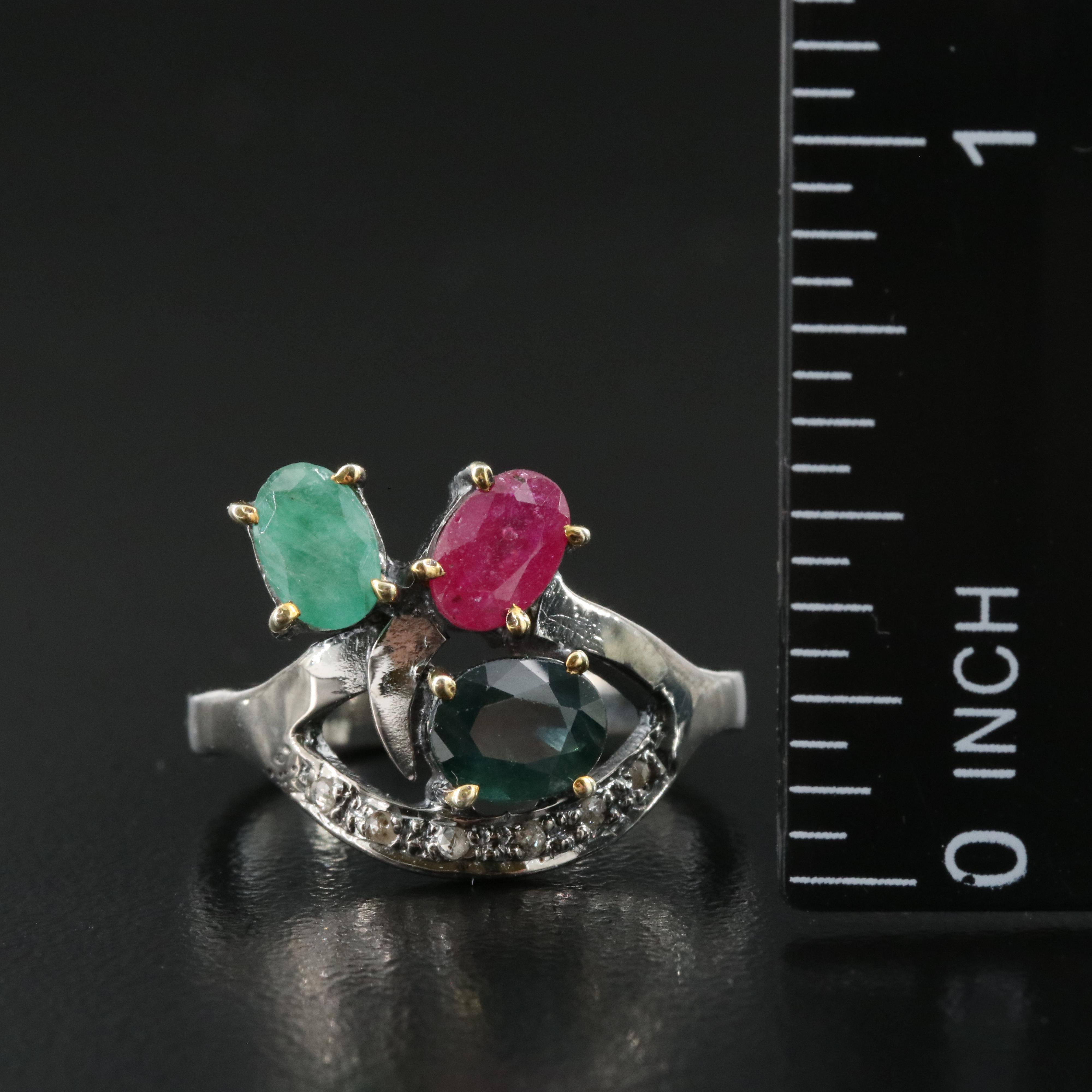 Sterling Sapphire, Ruby and Emerald Ring
