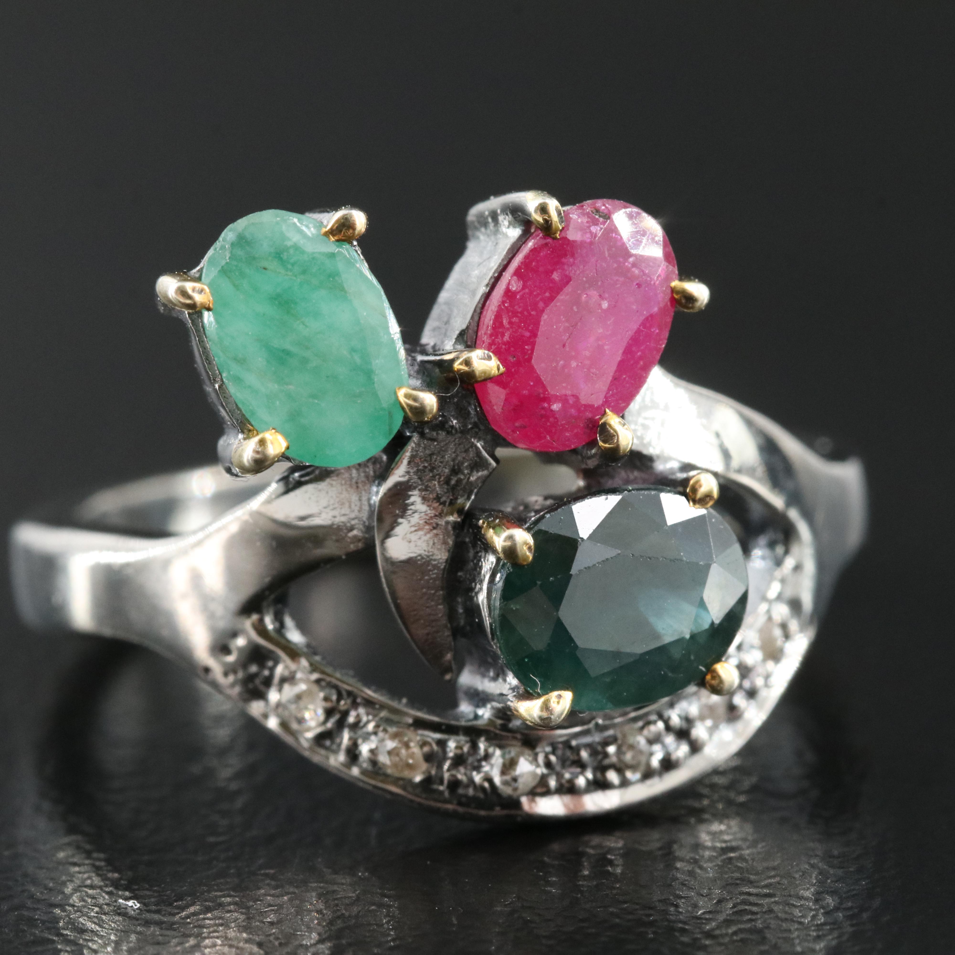 Sterling Sapphire, Ruby and Emerald Ring